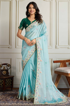 Aqua Blue Star Georgette Party Saree with Sequins and Floral Embroidery