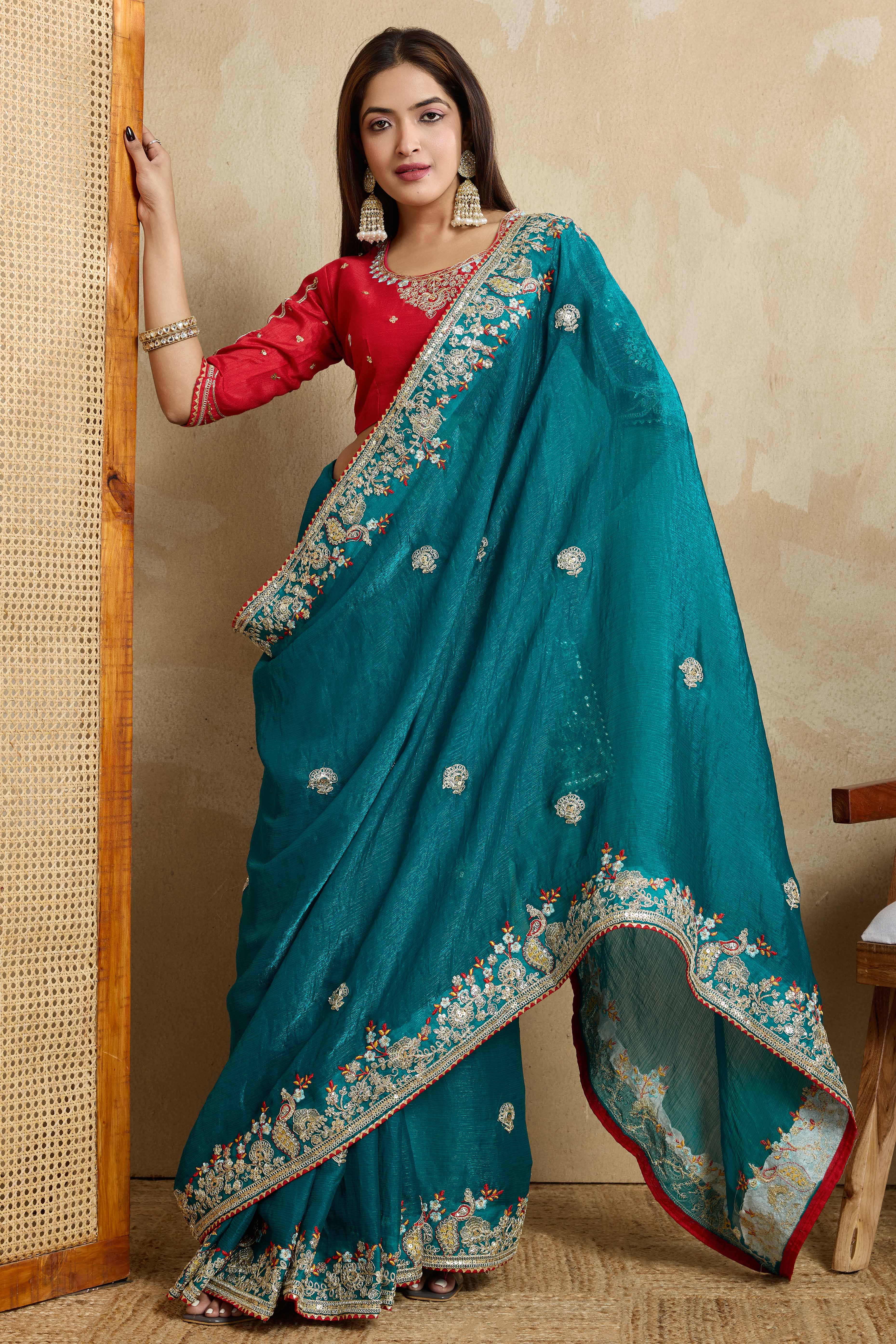 Rama Blue Chiffon Saree With intricate Floral Cording Embroidery & Shimmering Sequins Work