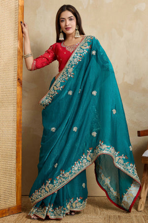 Rama Blue Chiffon Saree With intricate Floral Cording Embroidery & Shimmering Sequins Work
