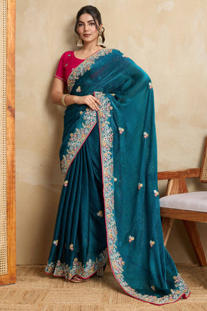Luxe Frendy Chiffon Saree in Bold Teal with Delicate Floral Embroidery