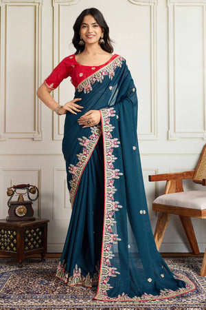 Dark Teal Blue Georgette Saree Featuring Floral Cording Embroidery & Shimmering Sequins Work