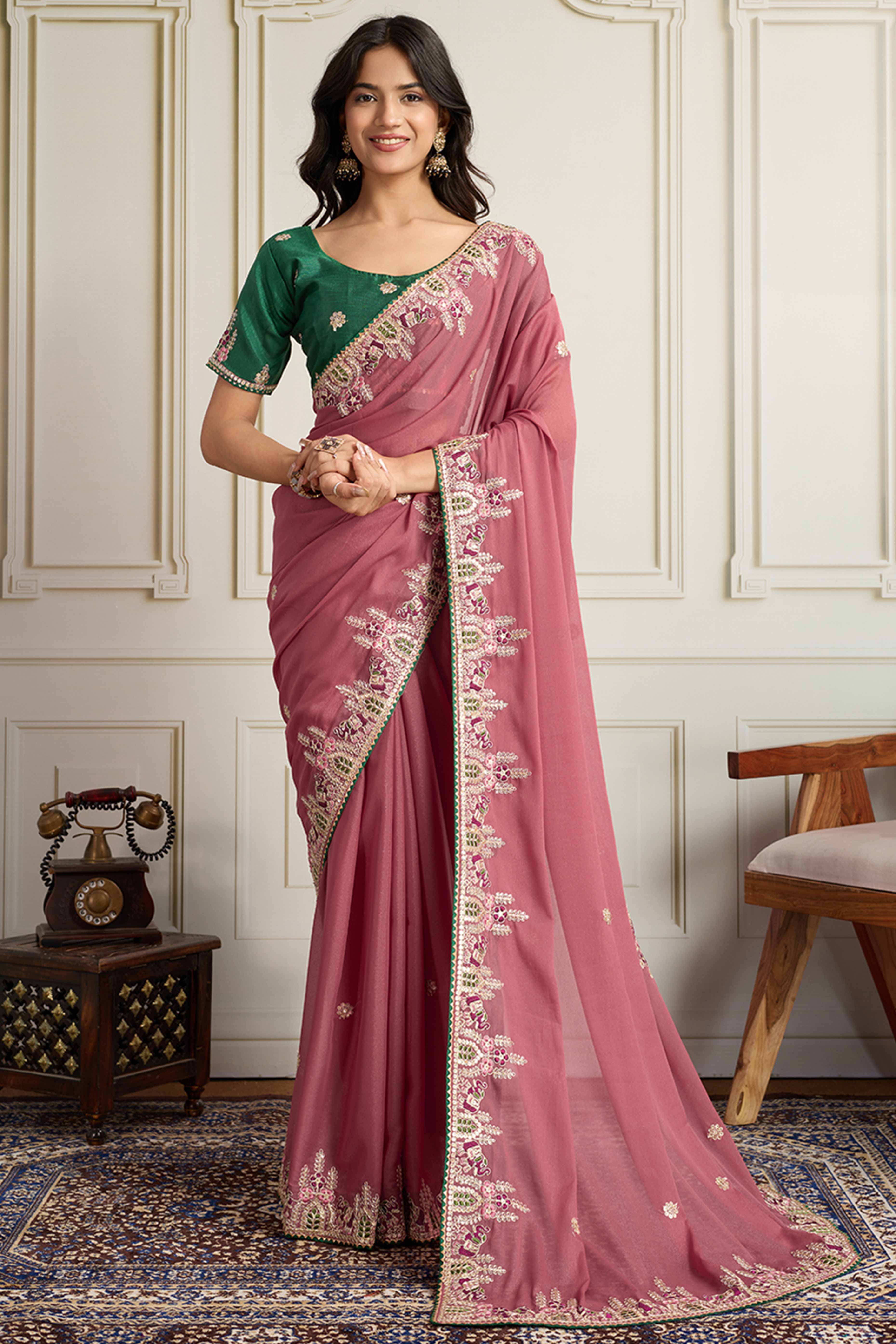 Dusty Rose Pink Georgette Saree Featuring Floral Cording Embroidery & Shimmering Sequins Work