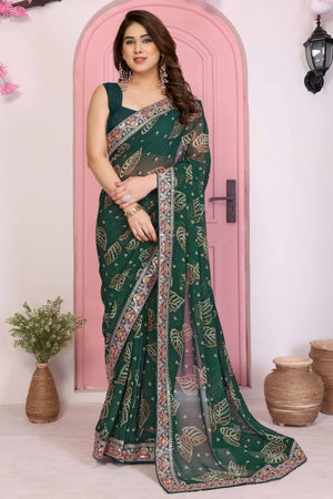 Dark Green Georgette Saree with Traditional Bandhani Print and Lace Accents