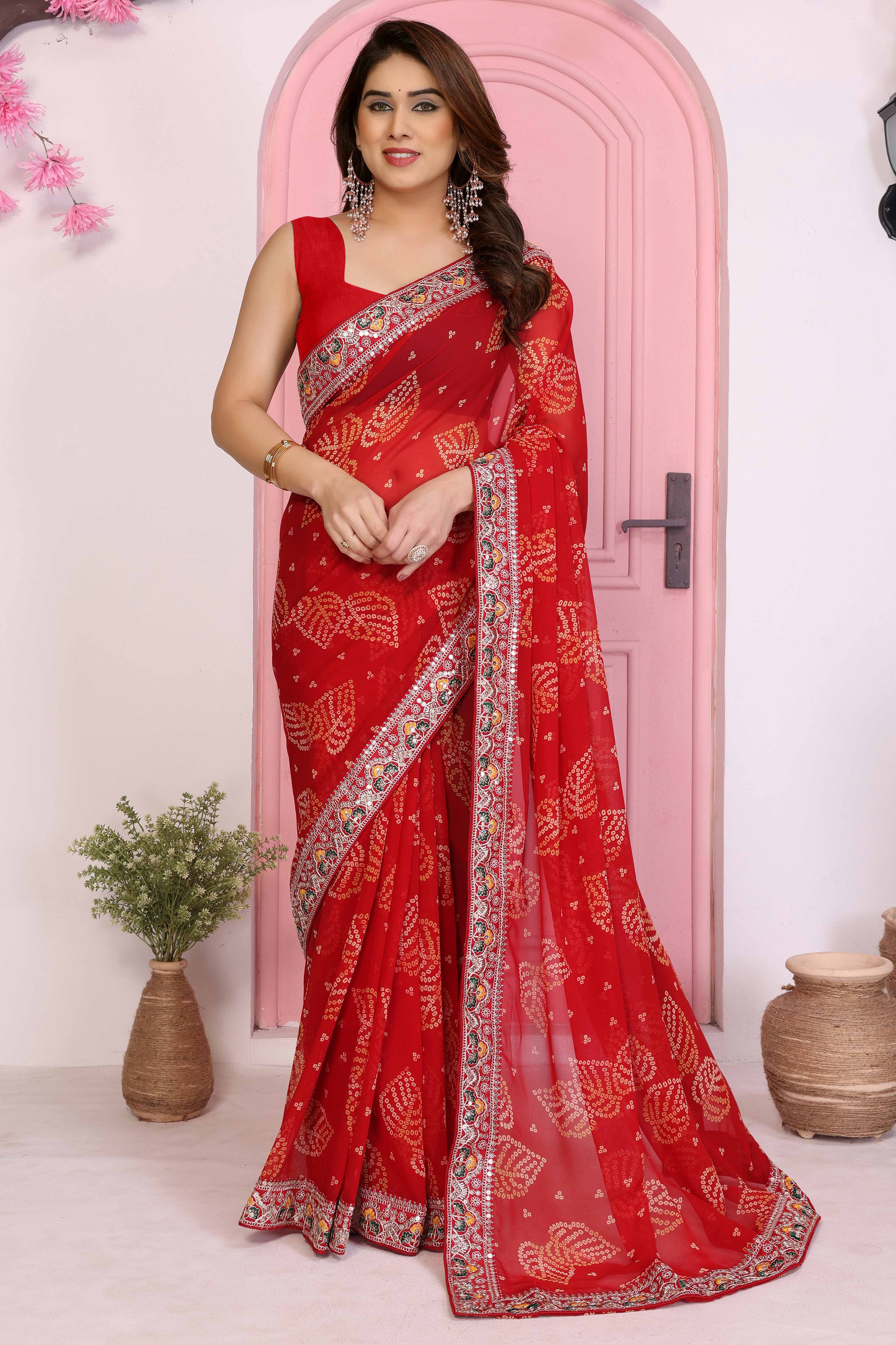 Red Georgette Saree with Traditional Bandhani Print and Lace Accents