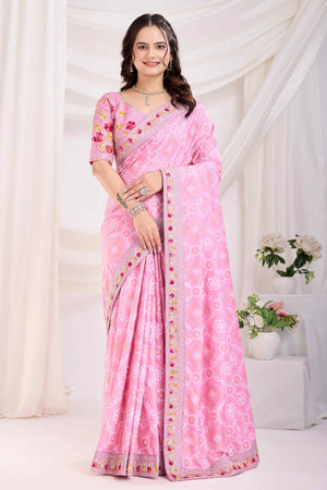 Pink Bandhani Printed Vichitra Silk Saree With Embroidery Border