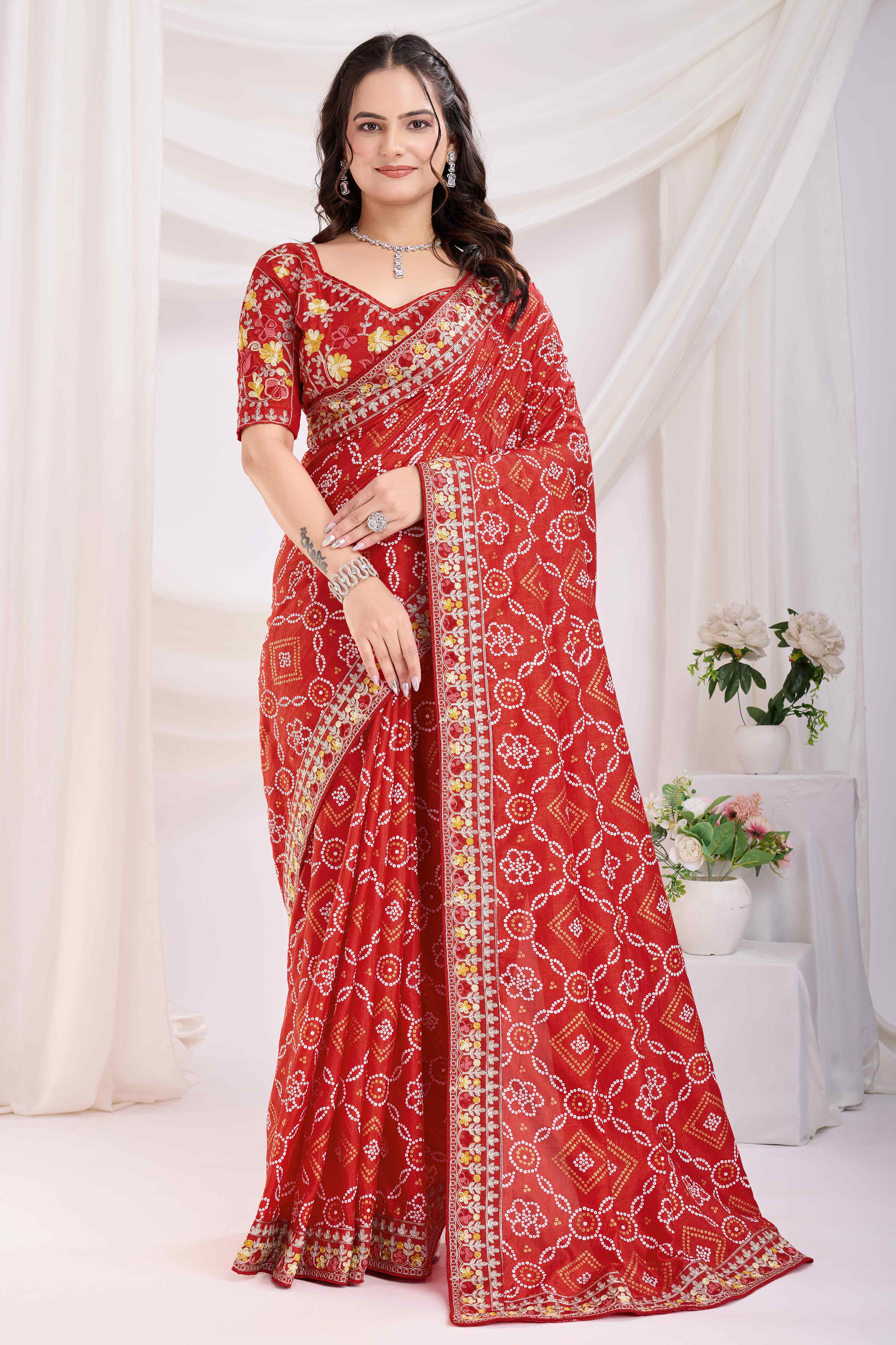 Red Bandhani Printed Vichitra Silk Saree With Embroidery Border