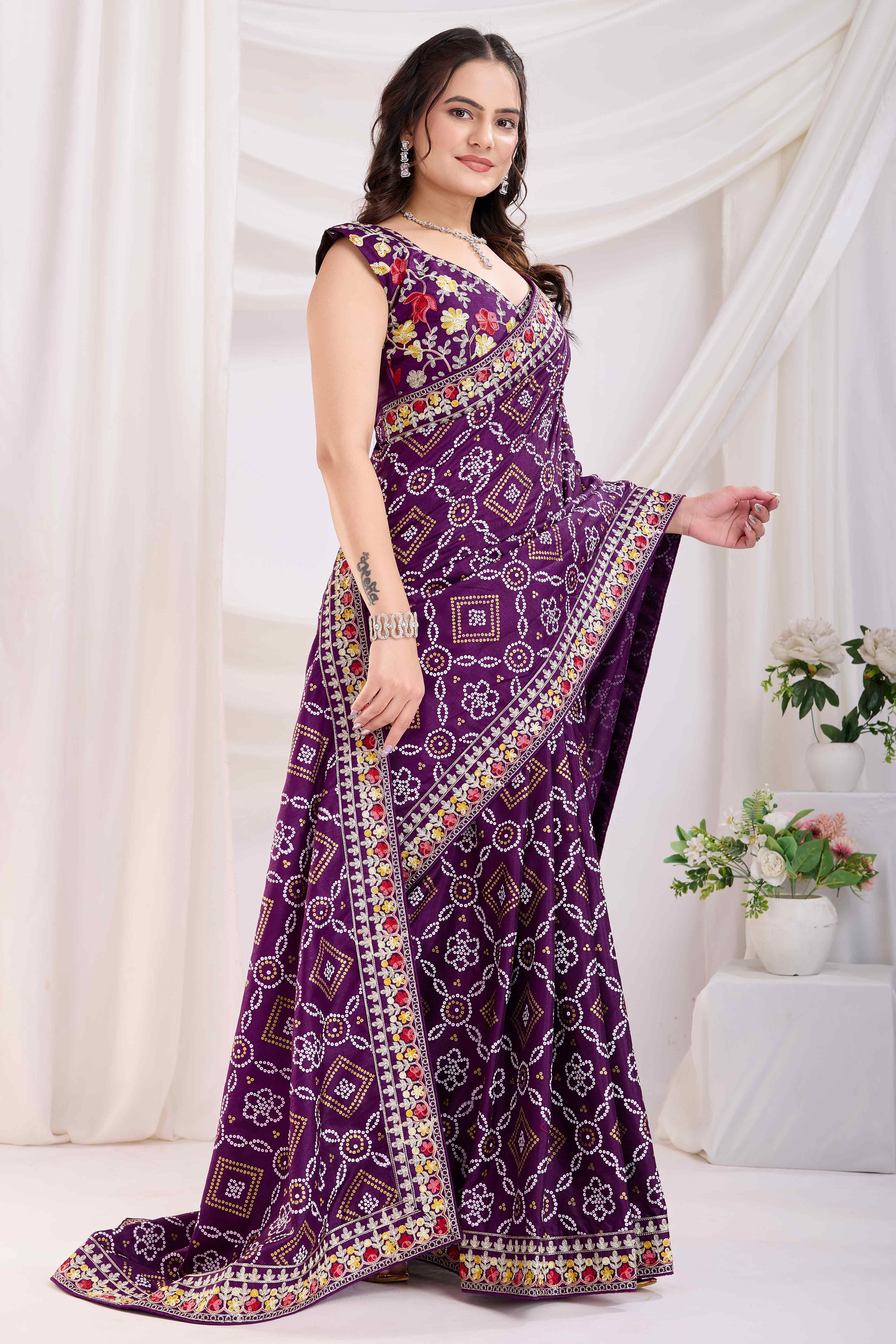 Wine Bandhani Printed Vichitra Silk Saree With Embroidery Border