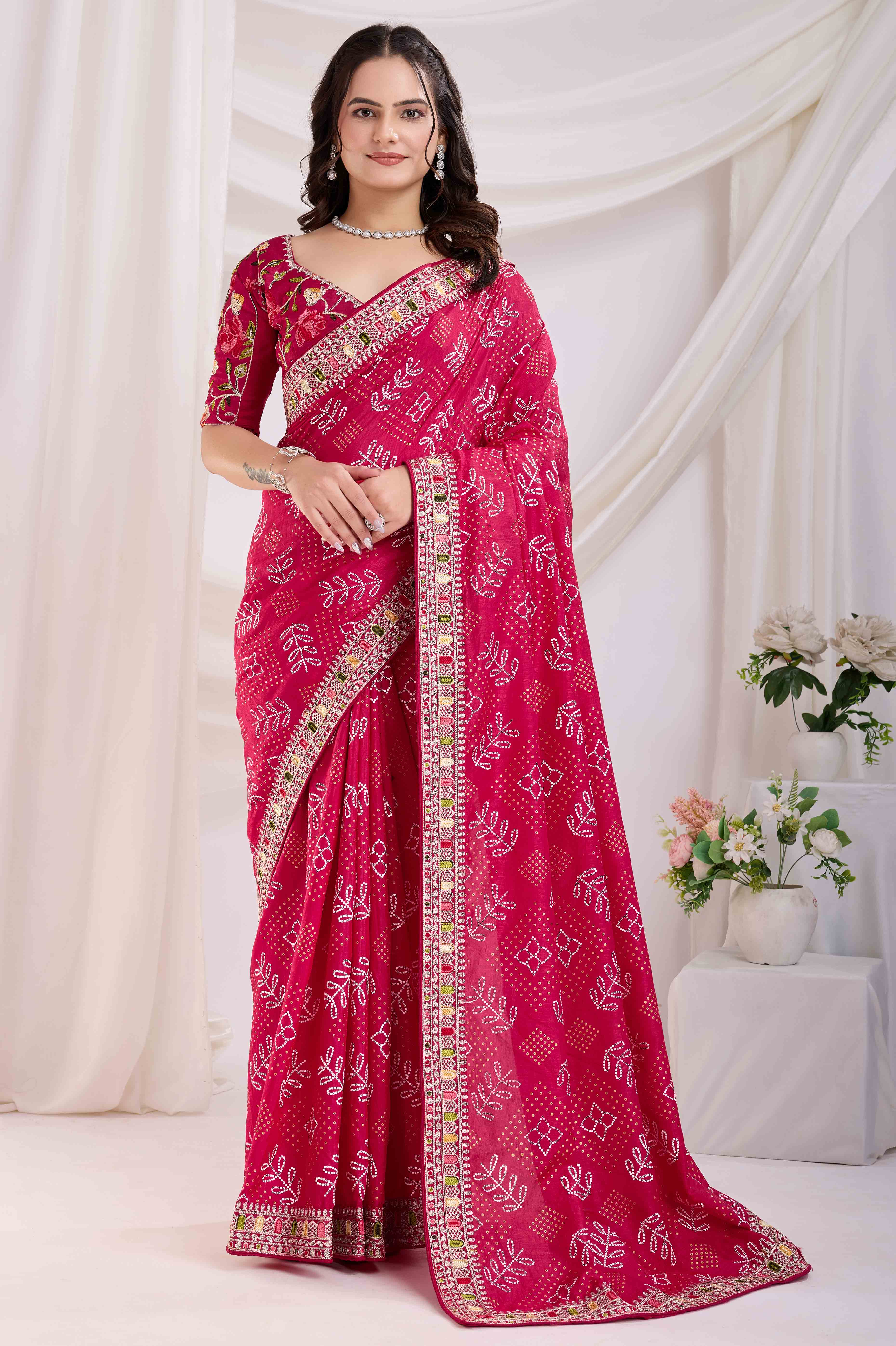 Rani Pink Bandhani Printed With Embroidered Border Vichitra Silk Saree