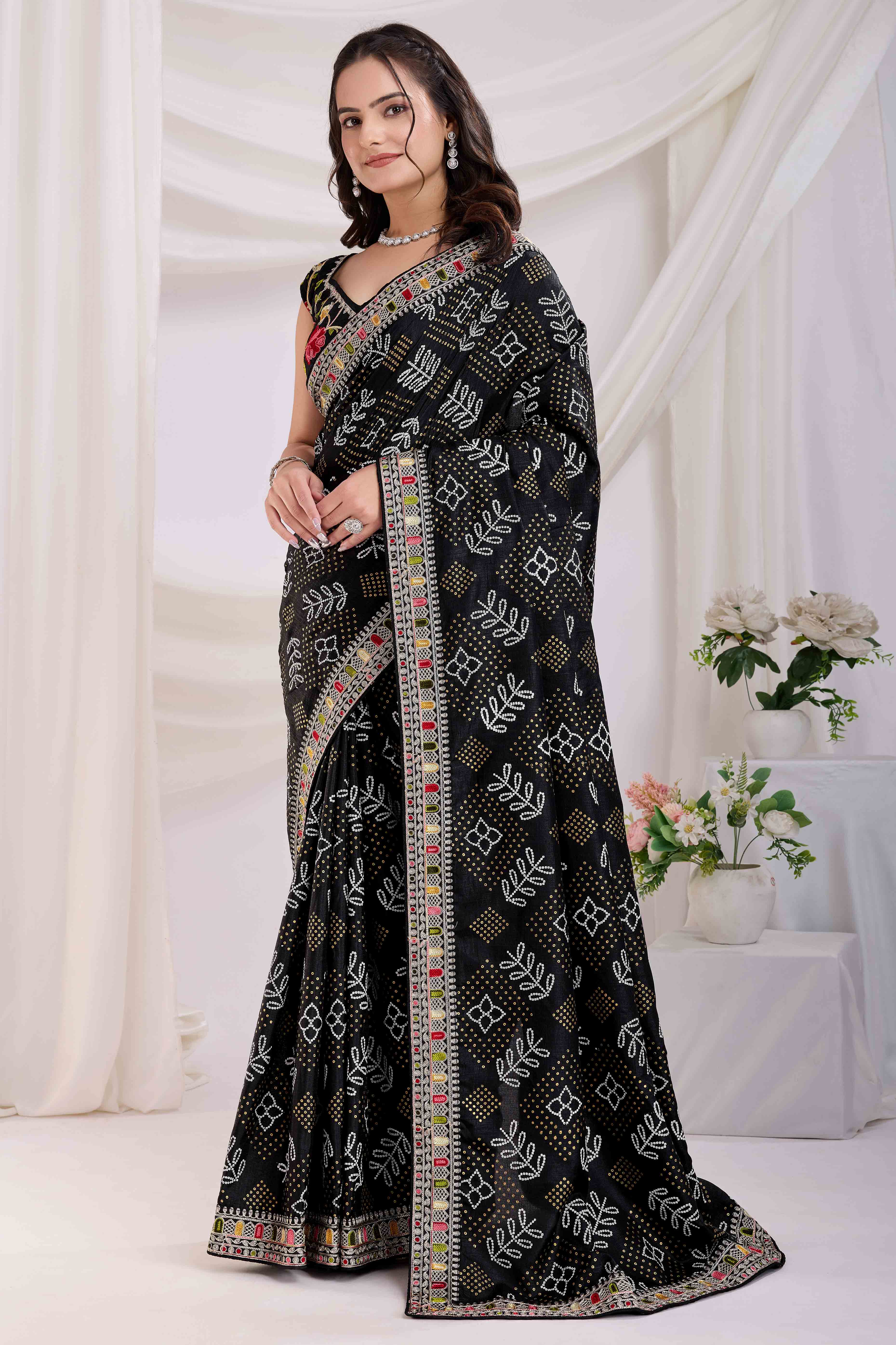 Black Bandhani Printed With Embroidered Border Vichitra Silk Saree