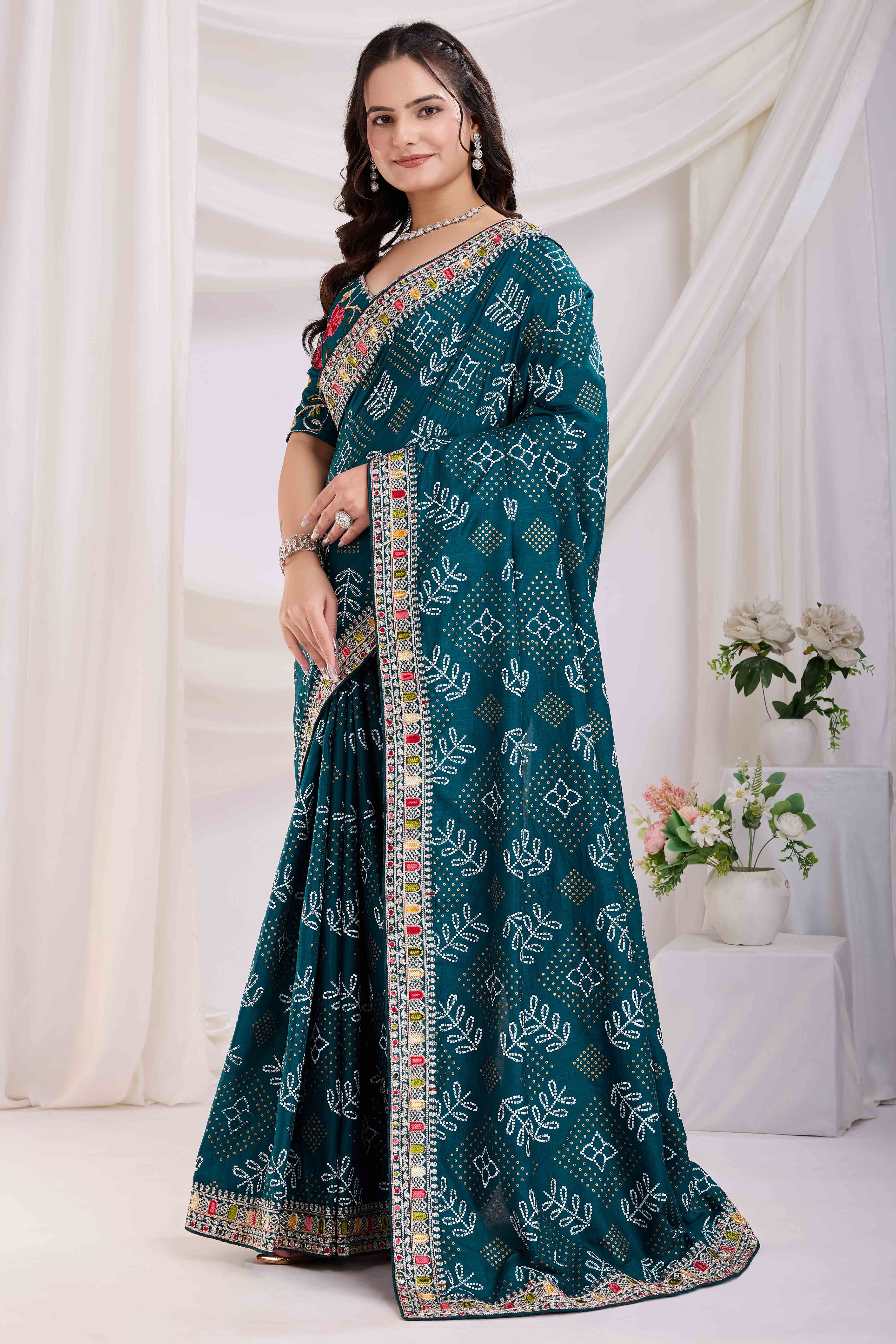 Teal Bandhani Printed With Embroidered Border Vichitra Silk Saree