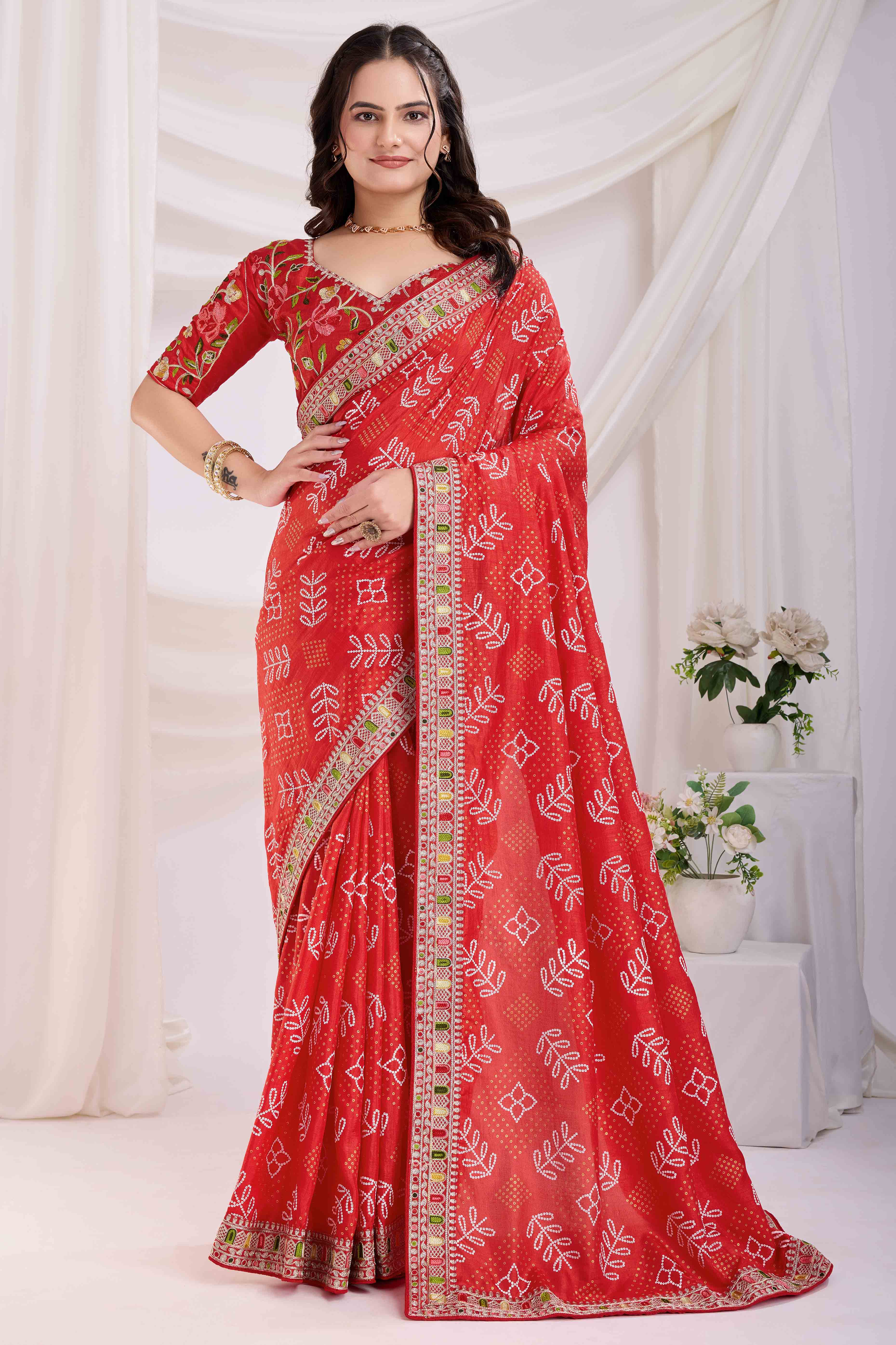 Red Bandhani Printed With Embroidered Border Vichitra Silk Saree