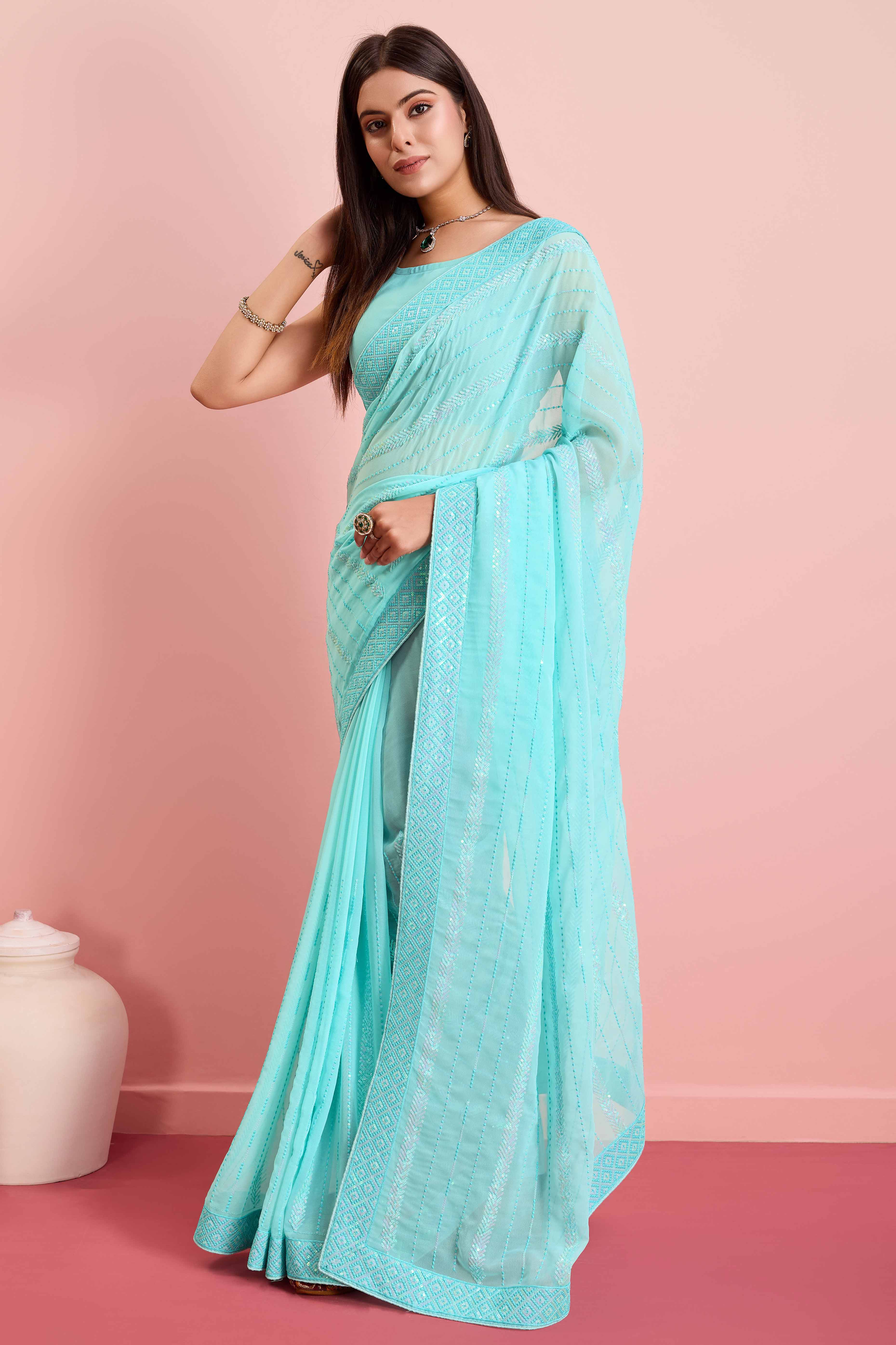 Blue Sequins Embroidered Georgette Saree