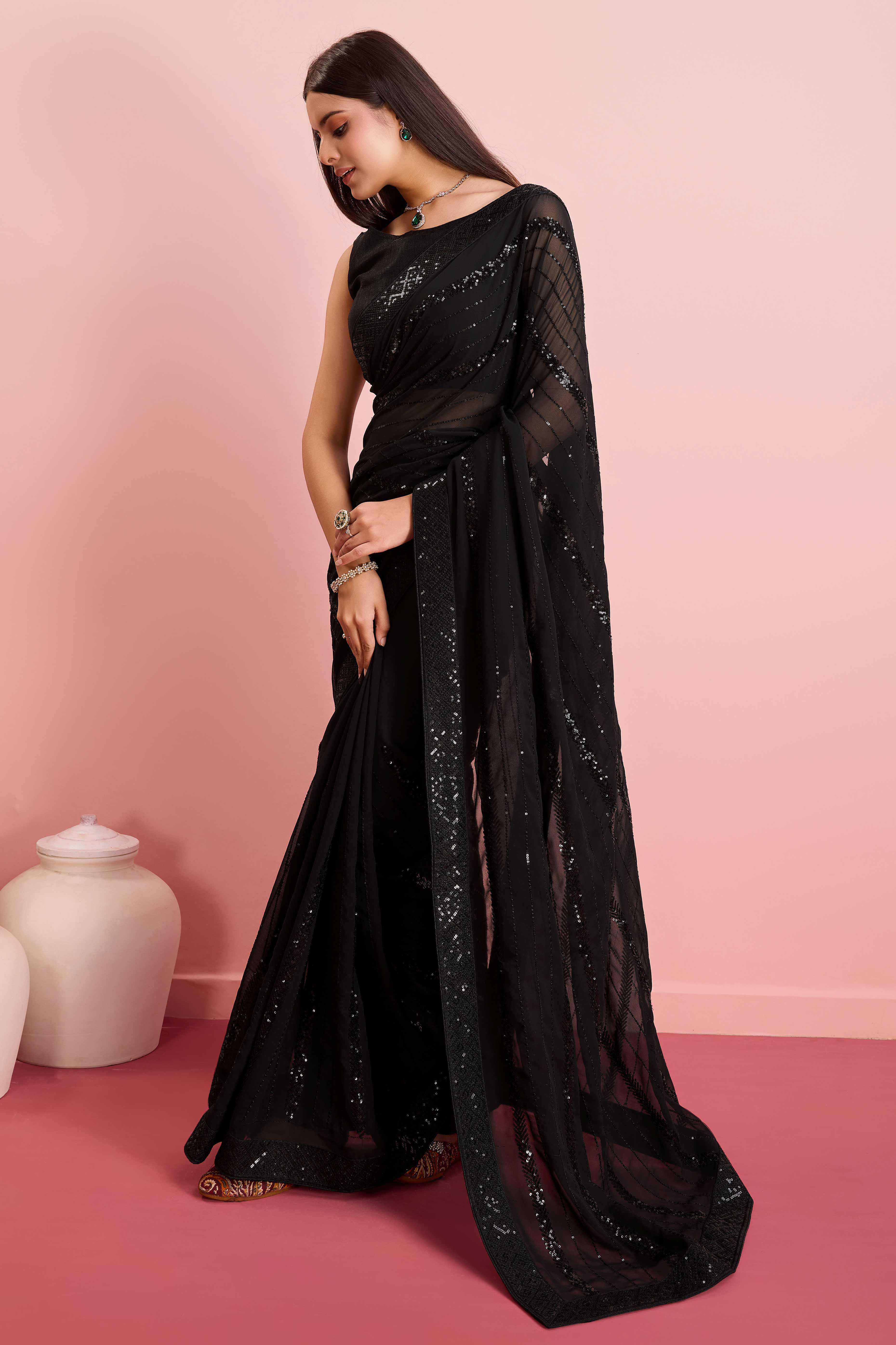 Black Sequins Embroidered Georgette Saree