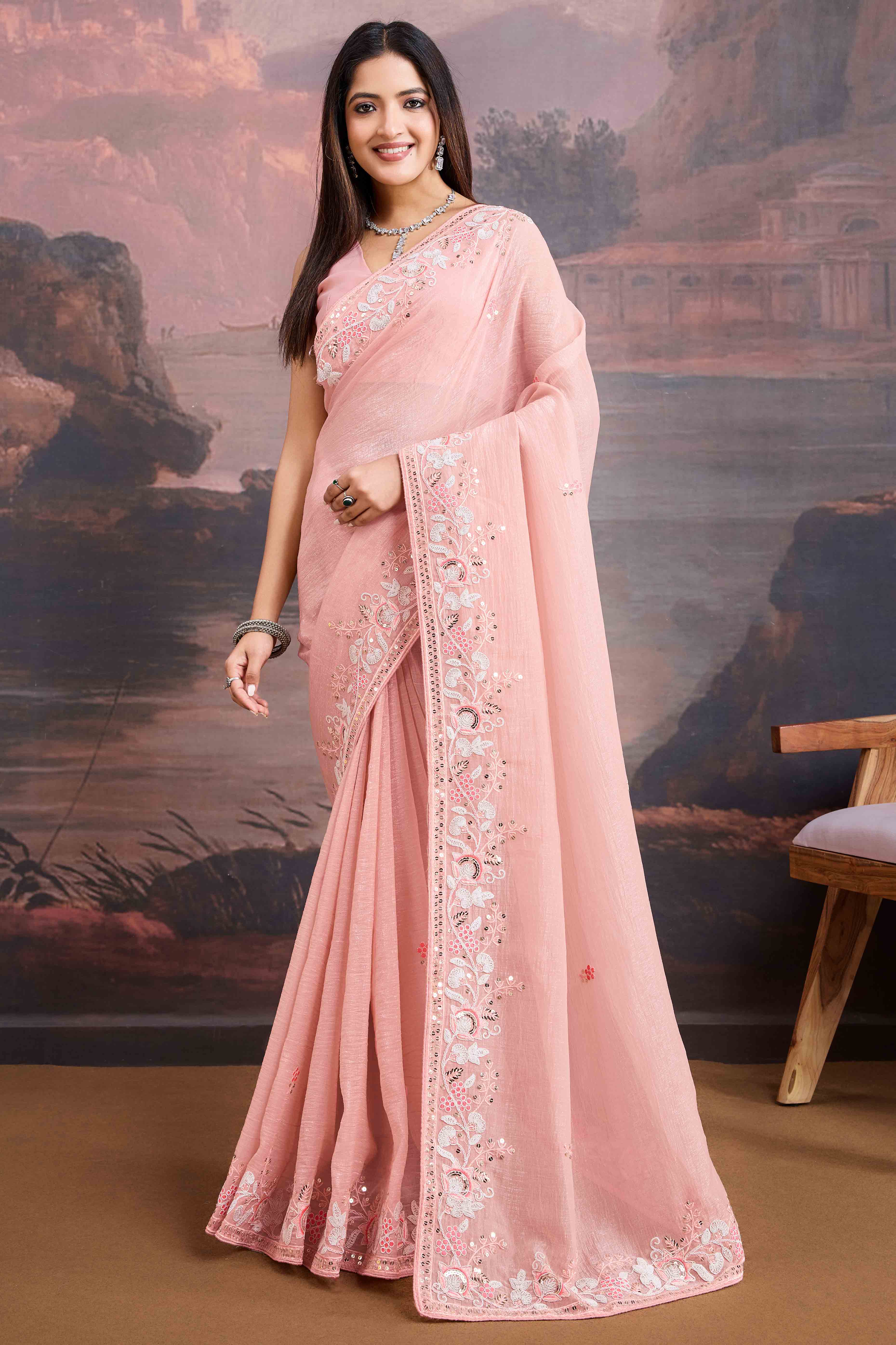 Peach Floral Sequins Embroidered Organza Saree