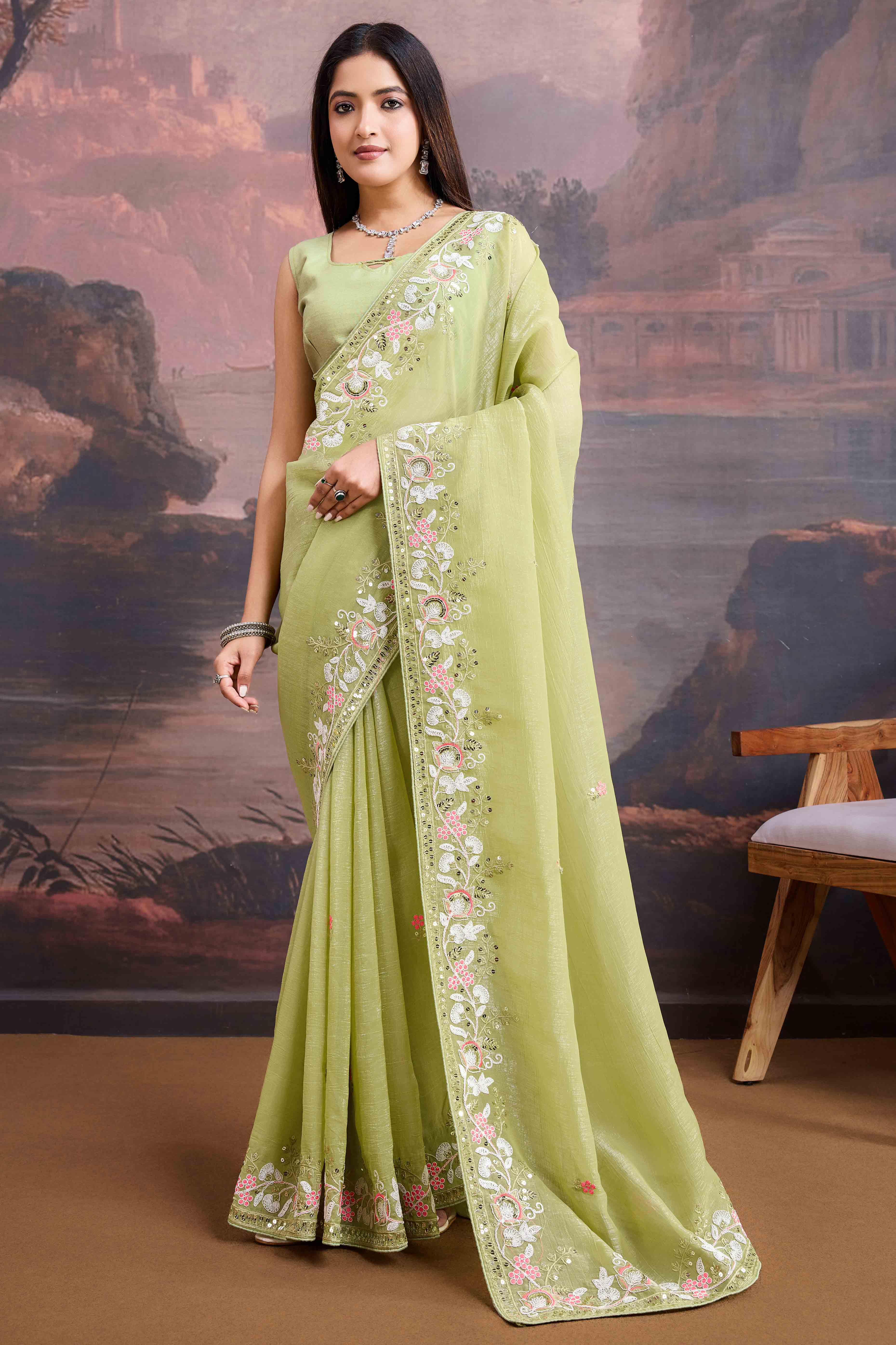 Green Floral Sequins Embroidered Organza Saree