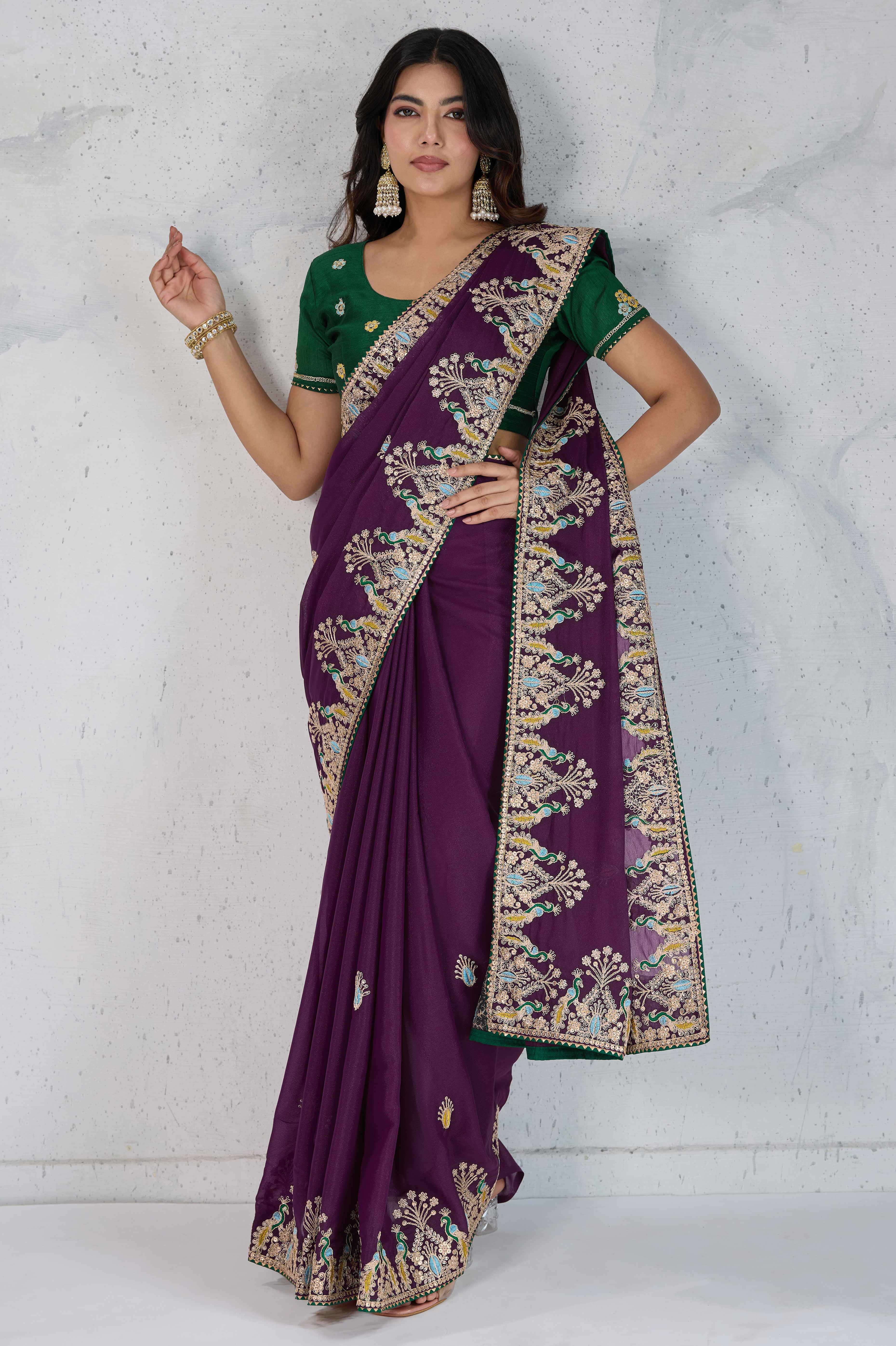 Purple Embroidered Saree with Ethnic Detailing in Georgette Fabric