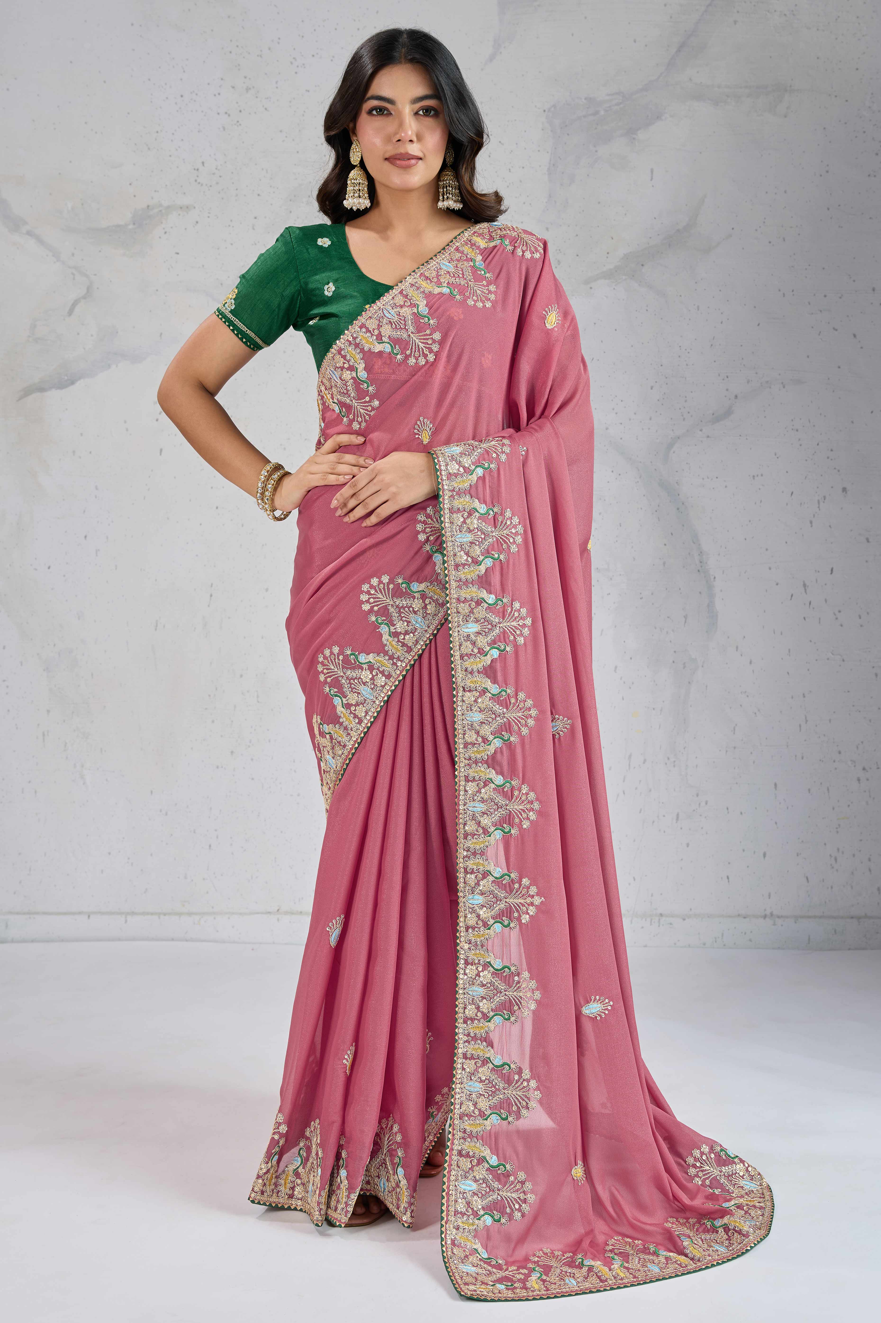 Dusty Pink Embroidered Saree with Ethnic Detailing in Georgette Fabric