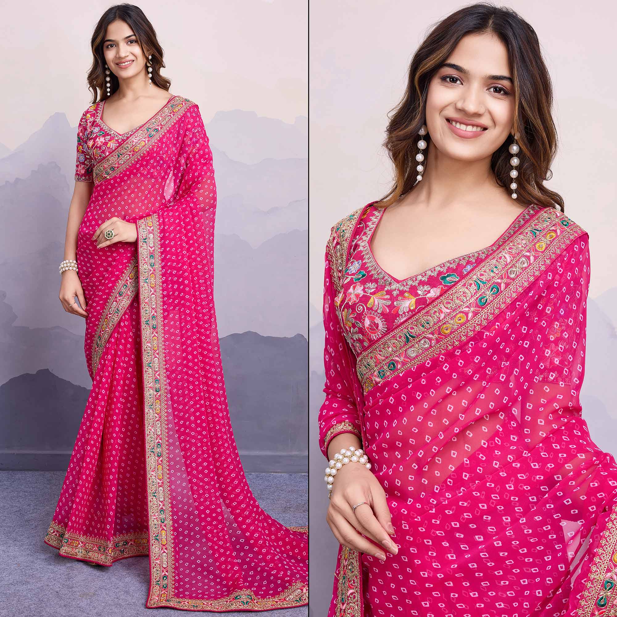 Rani Pink Bandhani Printed Georgette Saree With Embroidered Lace Border