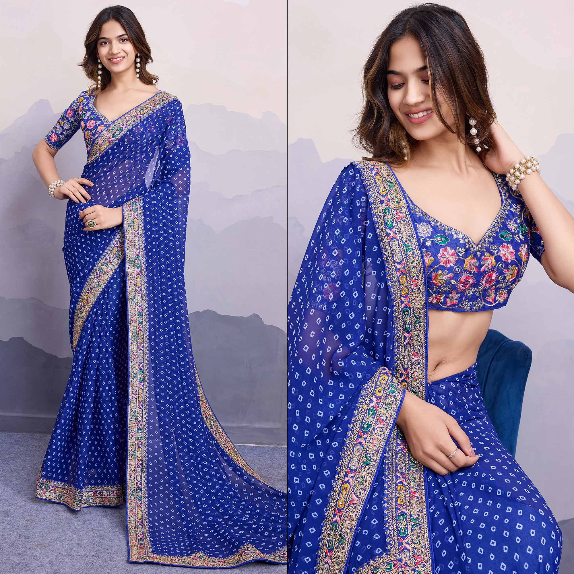 Blue Bandhani Printed Georgette Saree With Embroidered Lace Border