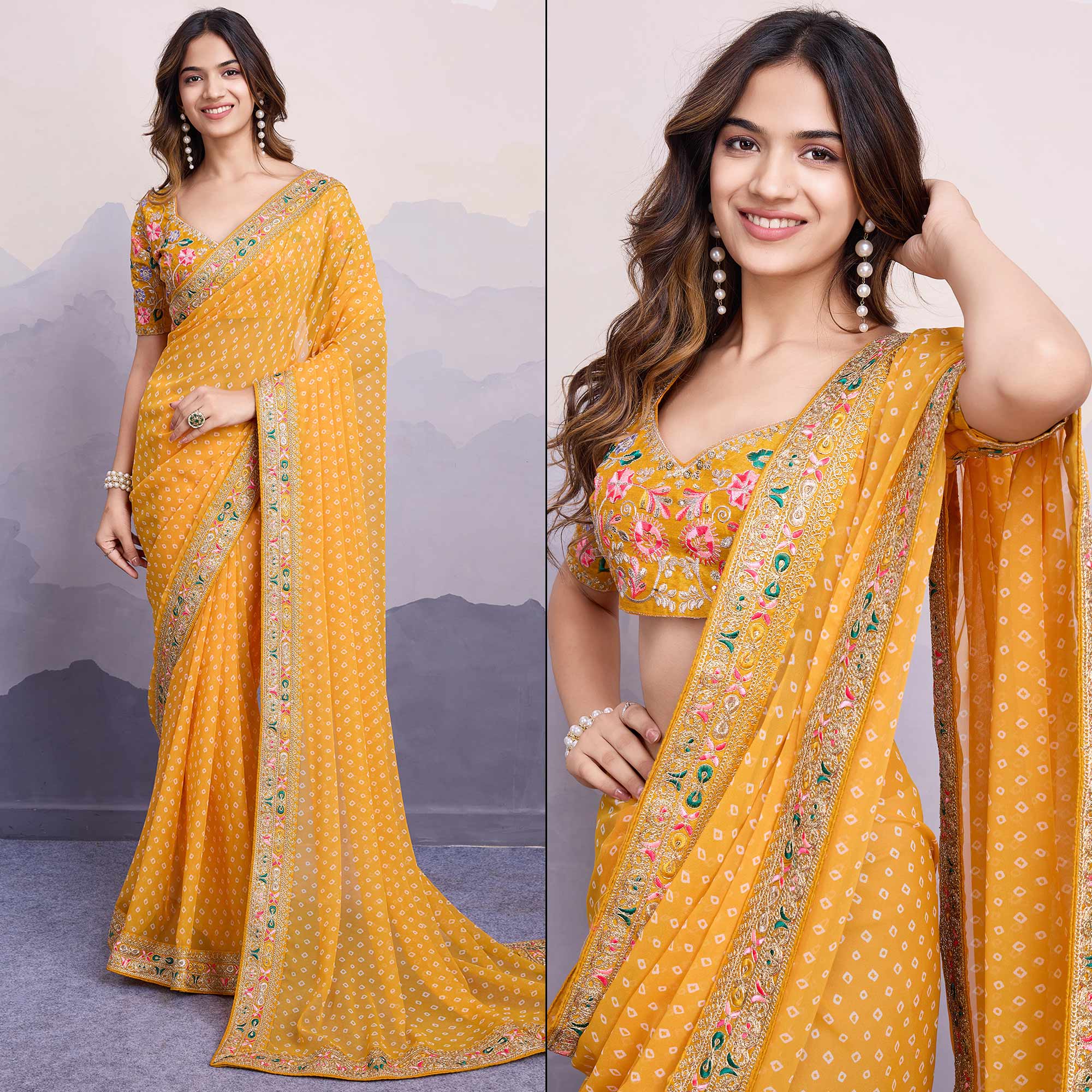 Yellow Bandhani Printed Georgette Saree With Embroidered Lace Border