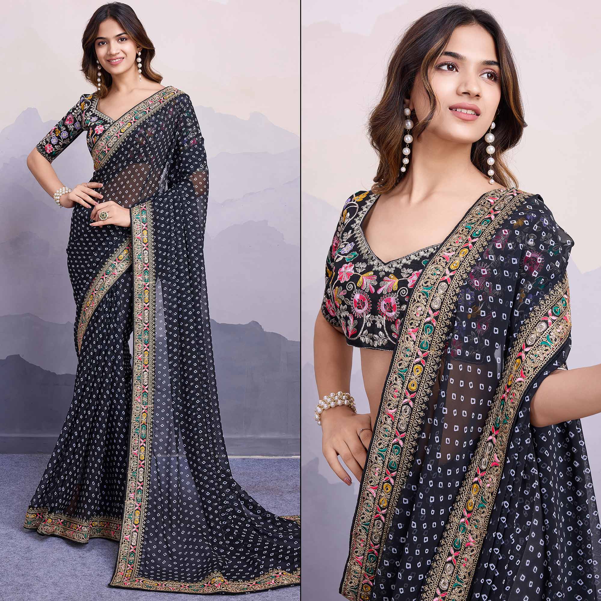 Black Bandhani Printed Georgette Saree With Embroidered Lace Border