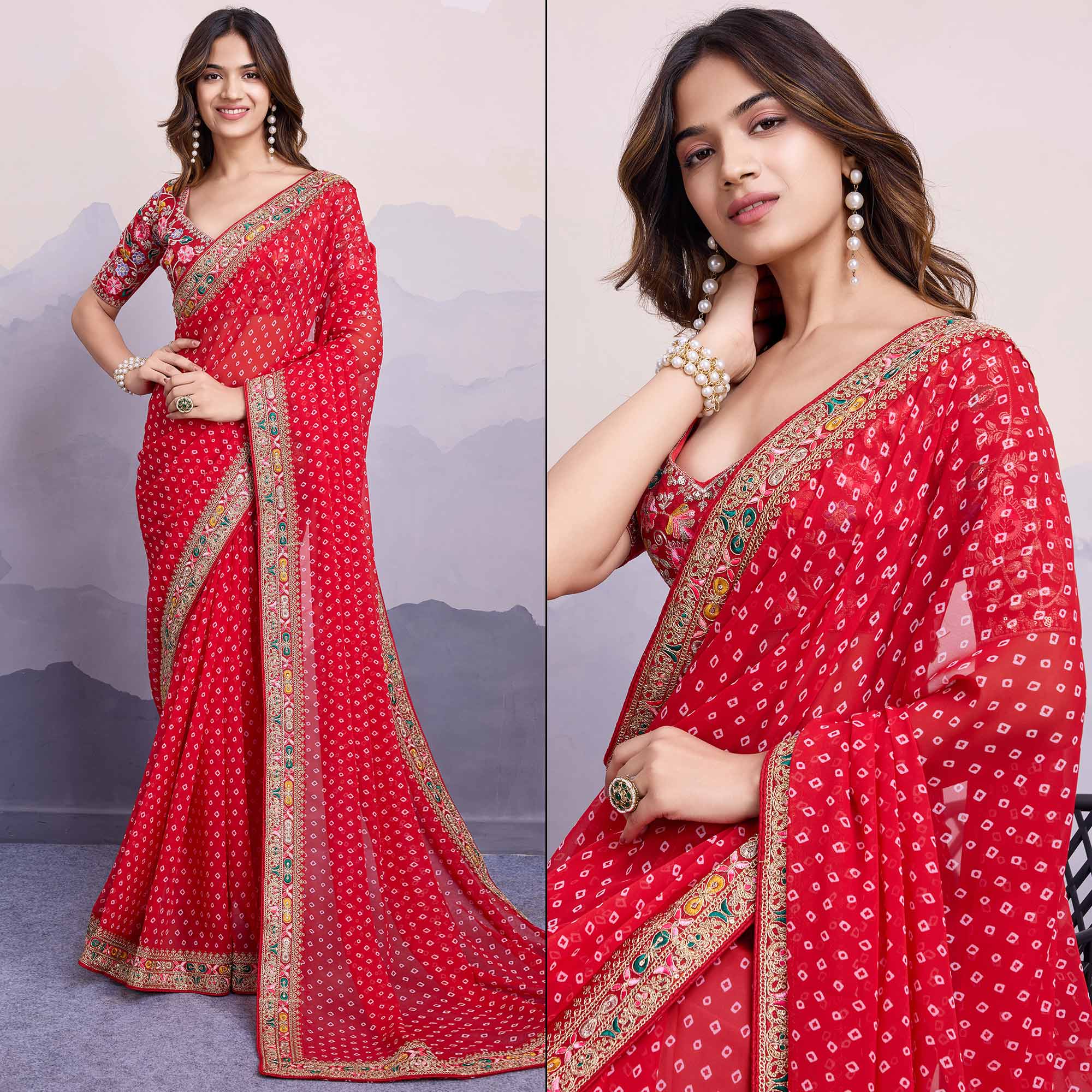 Red Bandhani Printed Georgette Saree With Embroidered Lace Border