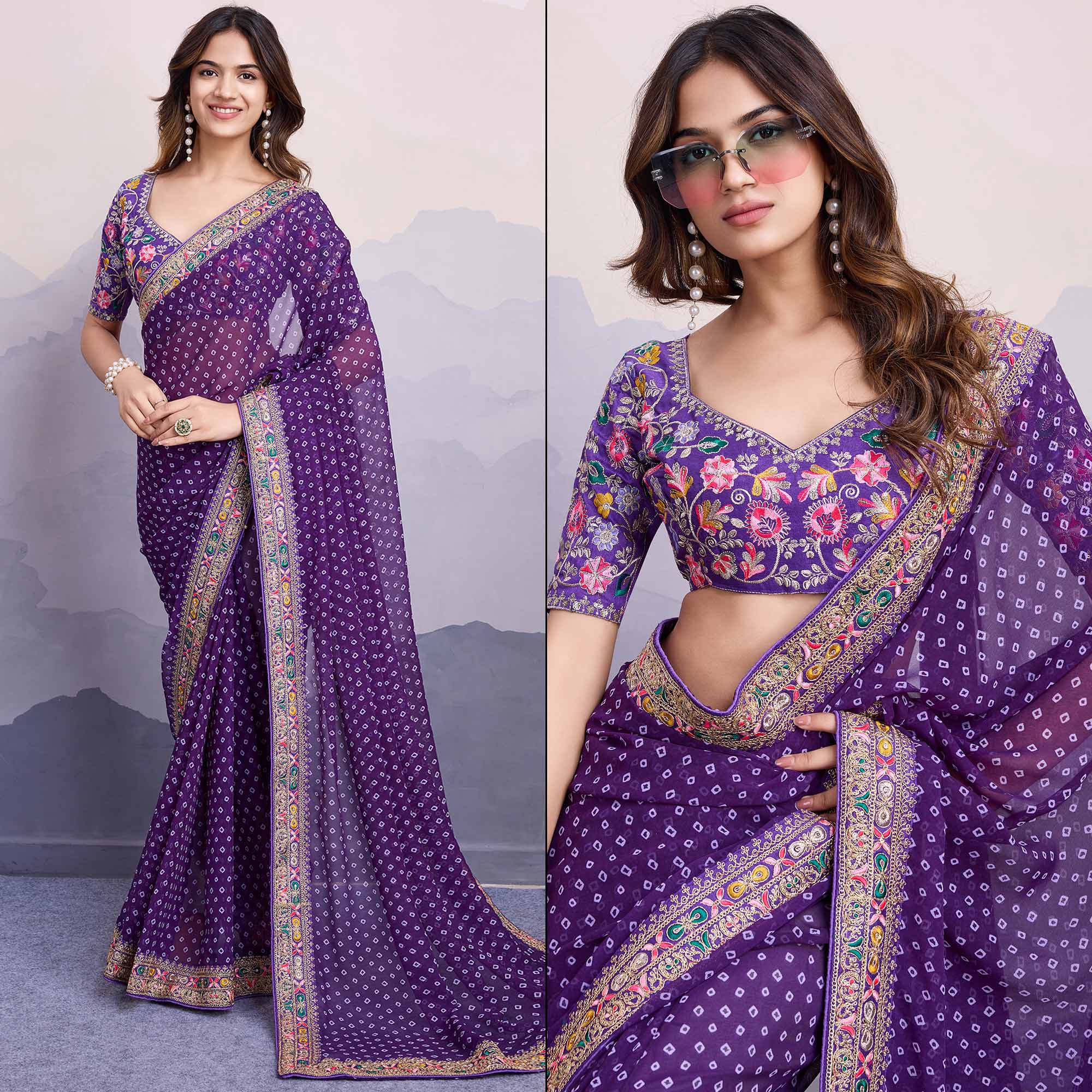 Purple Bandhani Printed Georgette Saree With Embroidered Lace Border