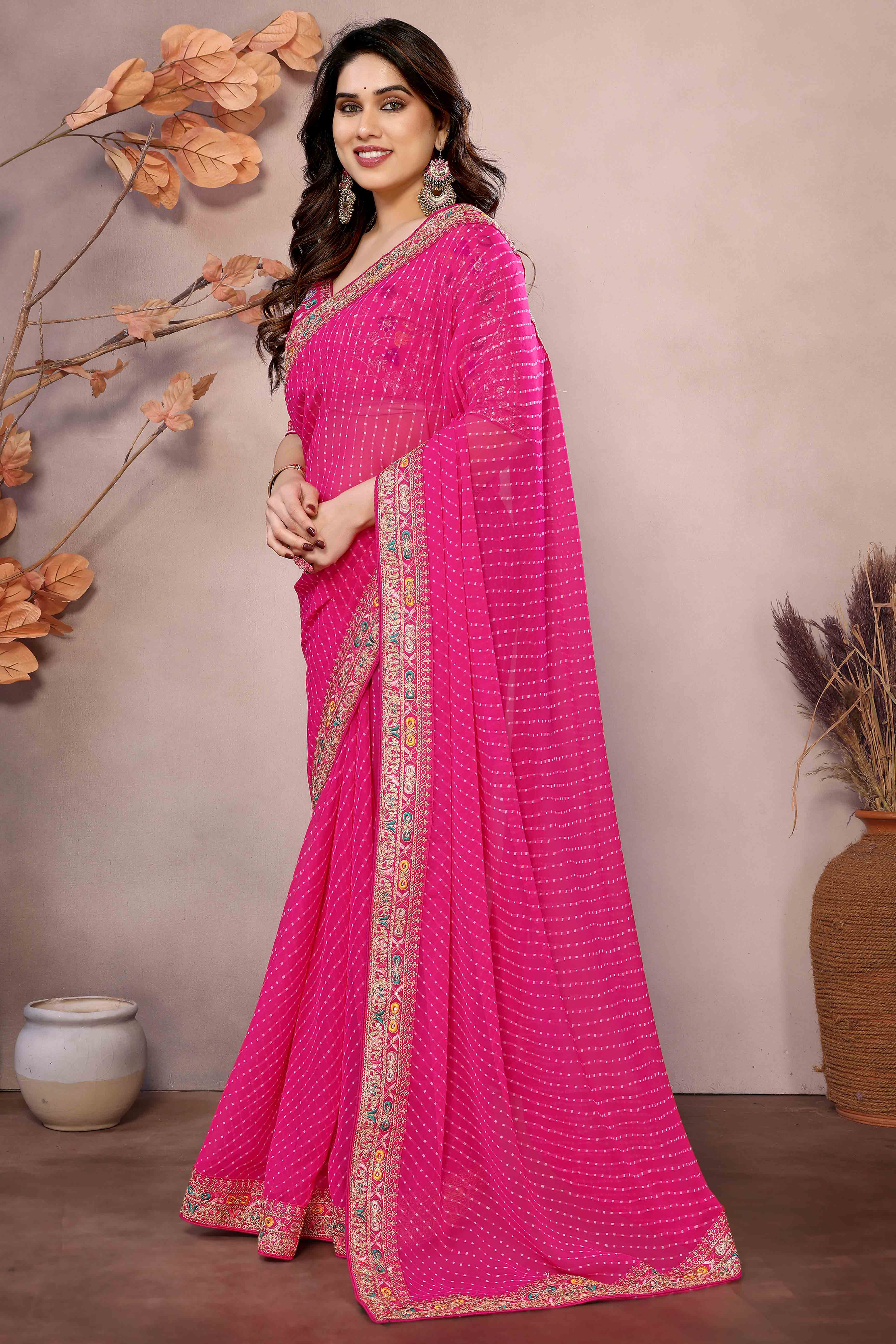 Pink Striped Printed Georgette Saree With Glittering Sequin Cording Embroidered Border