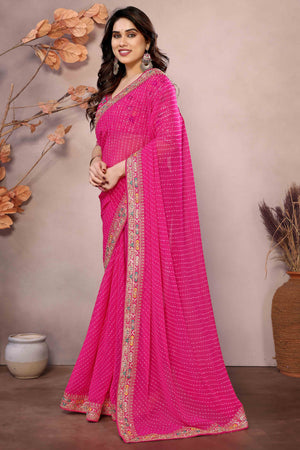 Pink Striped Printed Georgette Saree With Glittering Sequin Cording Embroidered Border