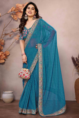 Blue Striped Printed Georgette Saree With Glittering Sequin Cording Embroidered Border