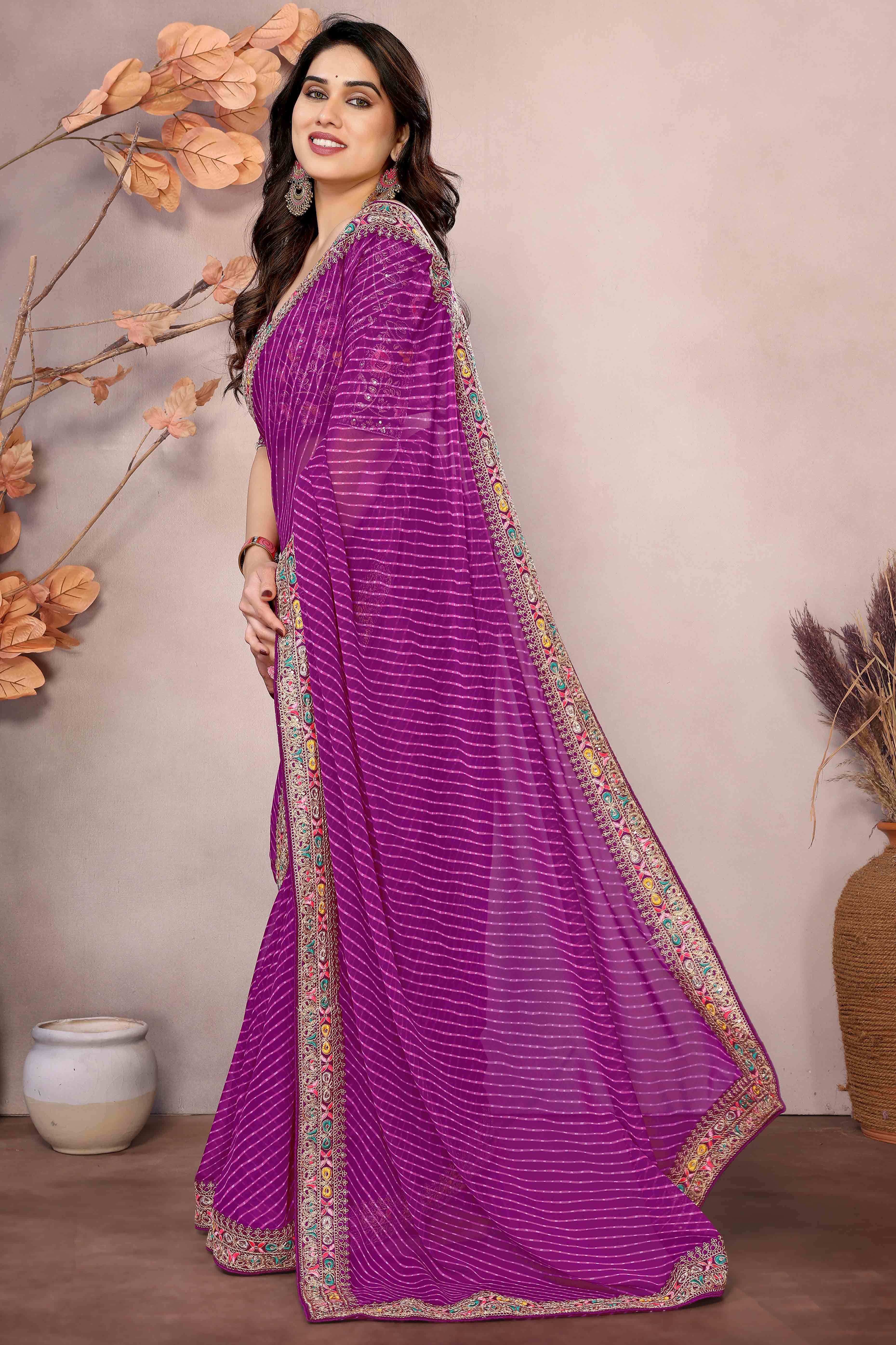 Purple Striped Printed Georgette Saree With Glittering Sequin Cording Embroidered Border