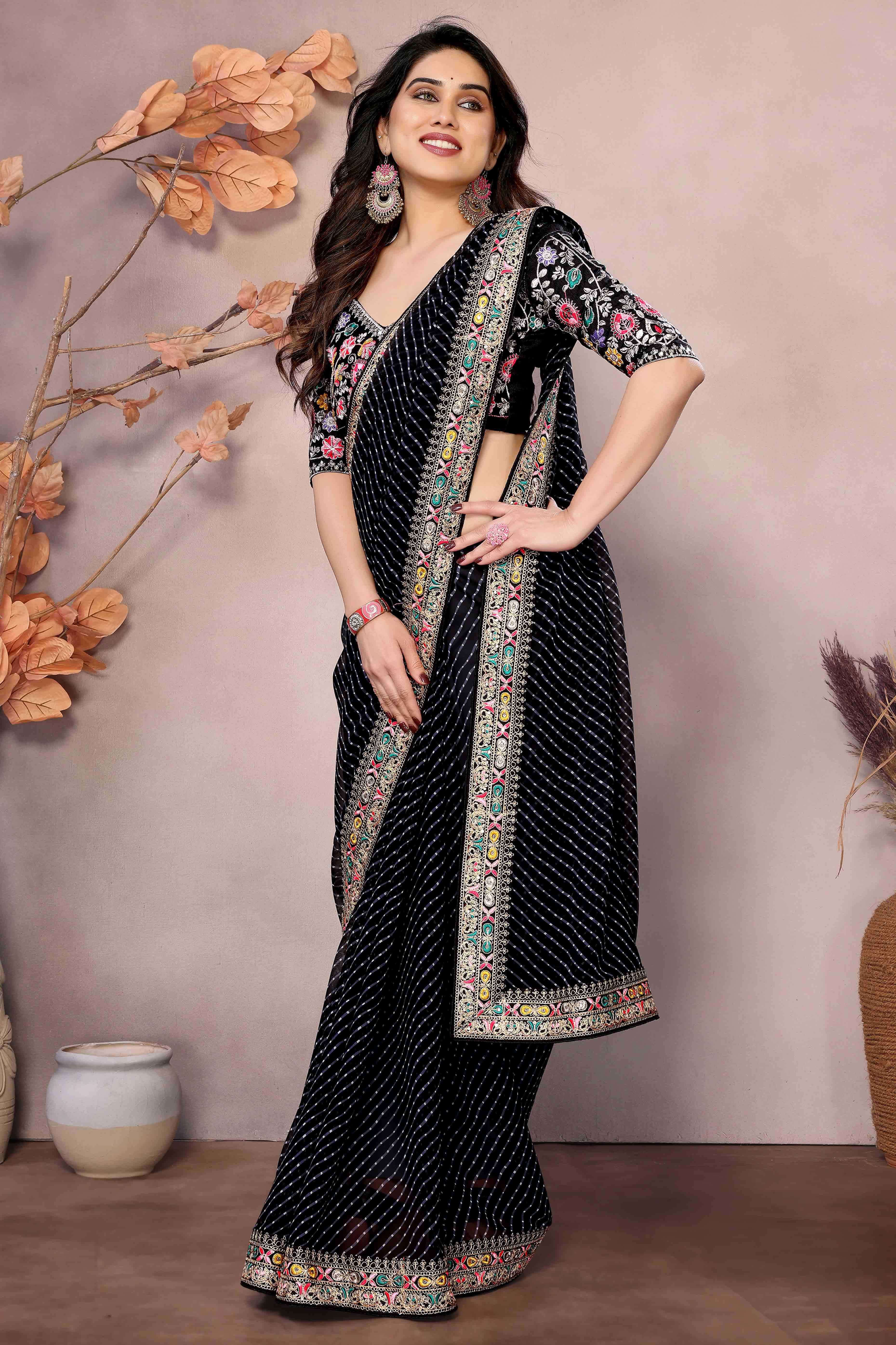 Black Striped Printed Georgette Saree With Glittering Sequin Cording Embroidered Border