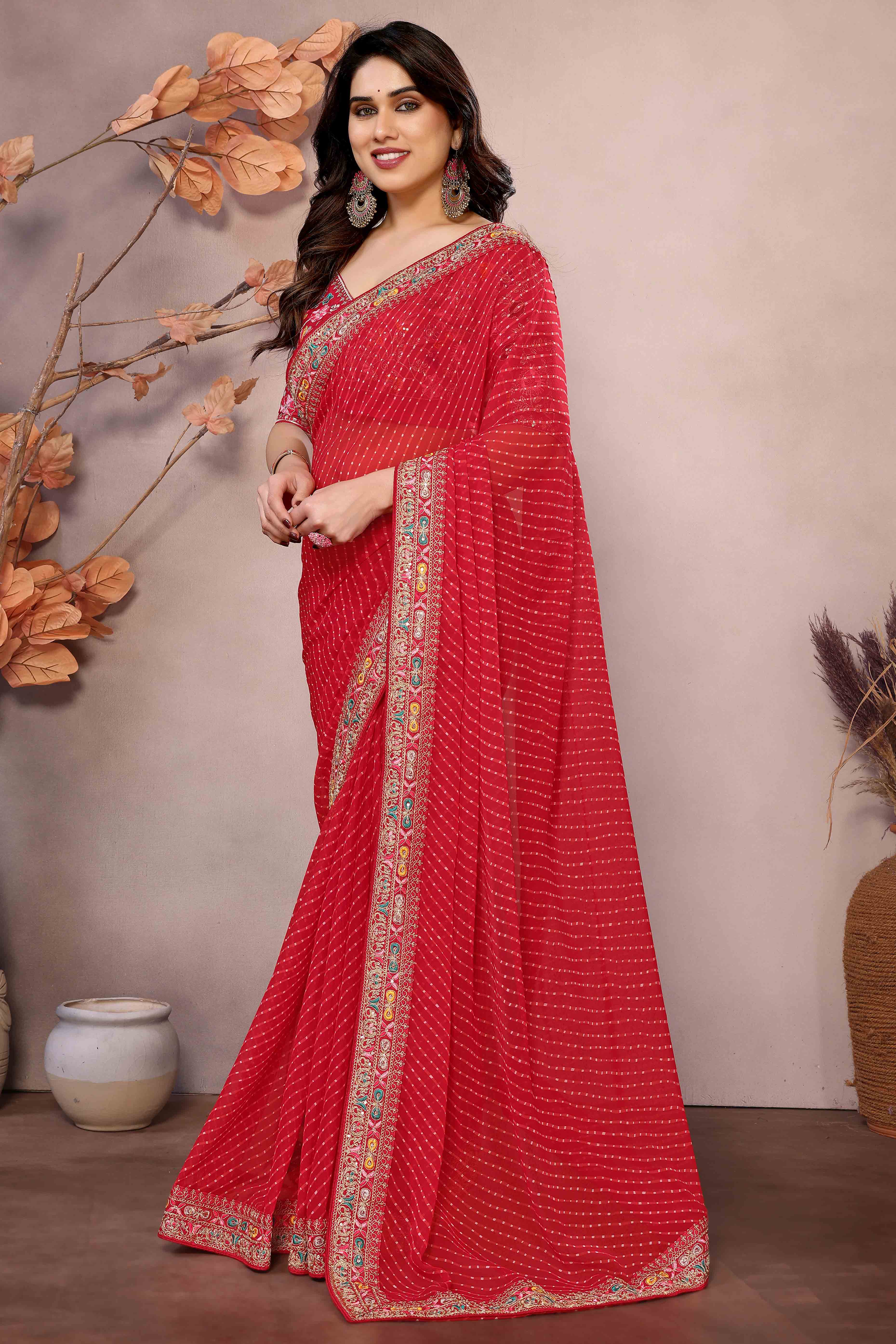 Red Striped Printed Georgette Saree With Glittering Sequin Cording Embroidered Border