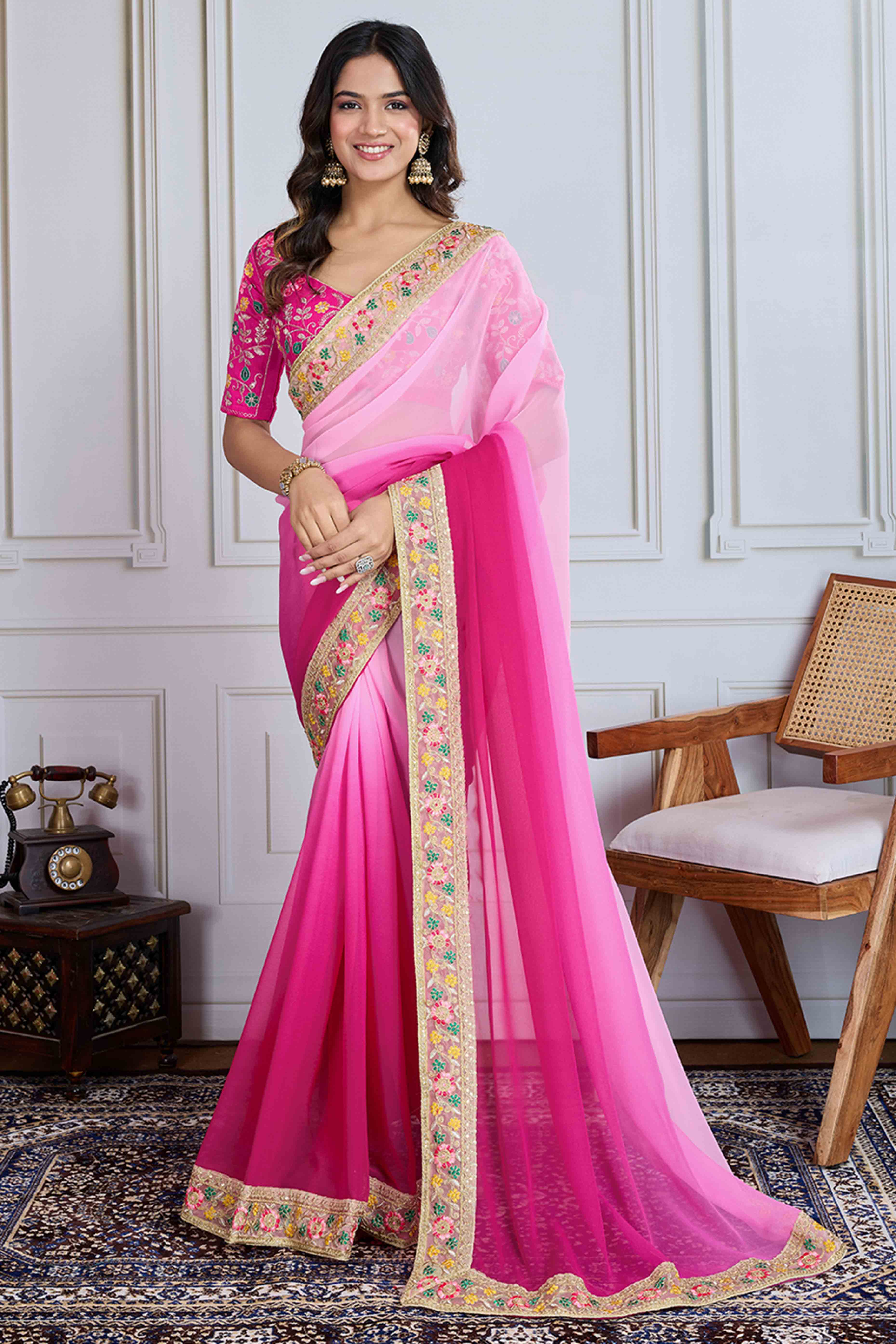 Pink To Magenta Georgette Ombre Saree With Intricate Floral Cording Embroidery & Sequin Detailing