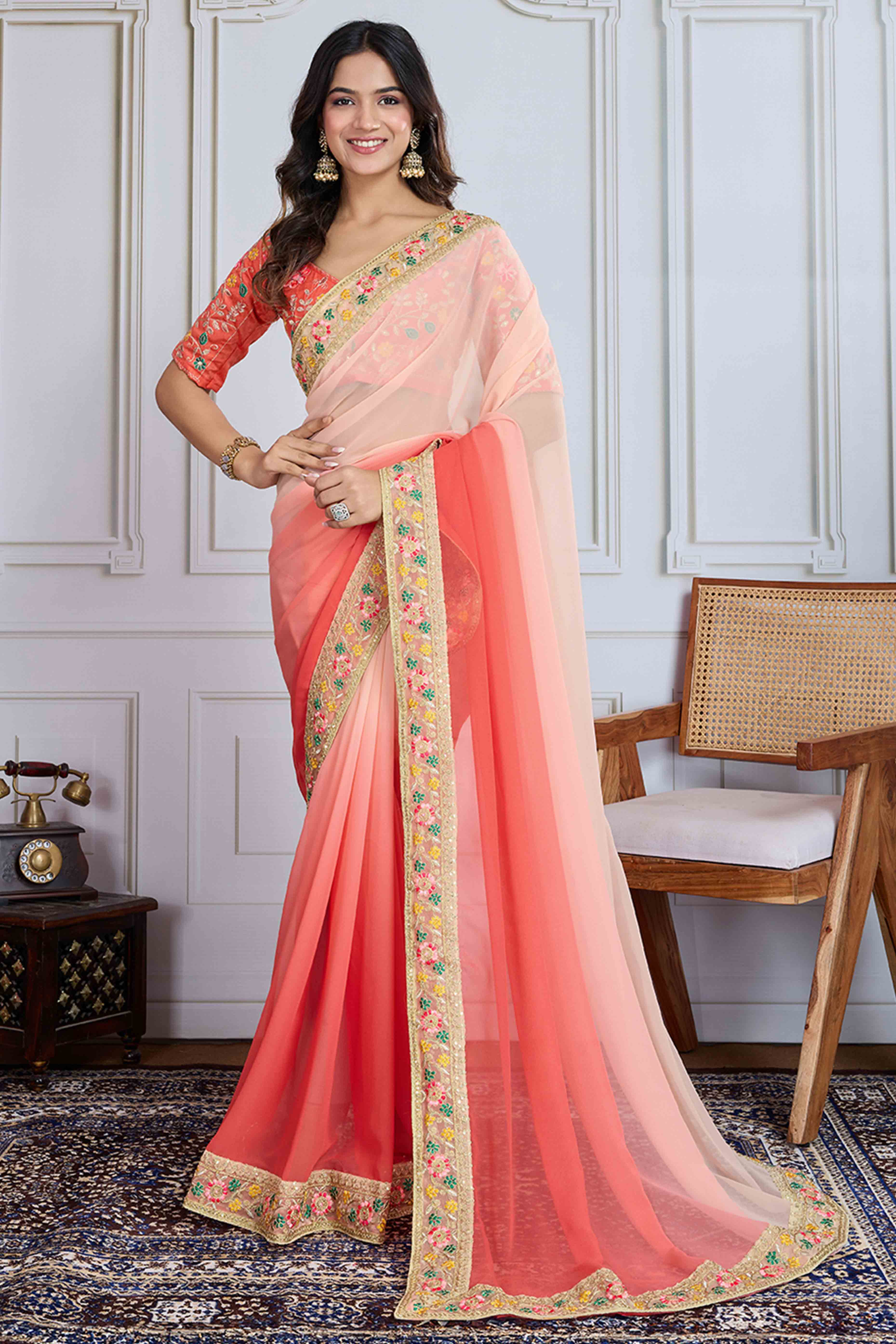Peach To Coral Pink Georgette Ombre Saree With Intricate Floral Cording Embroidery & Sequin Detailing