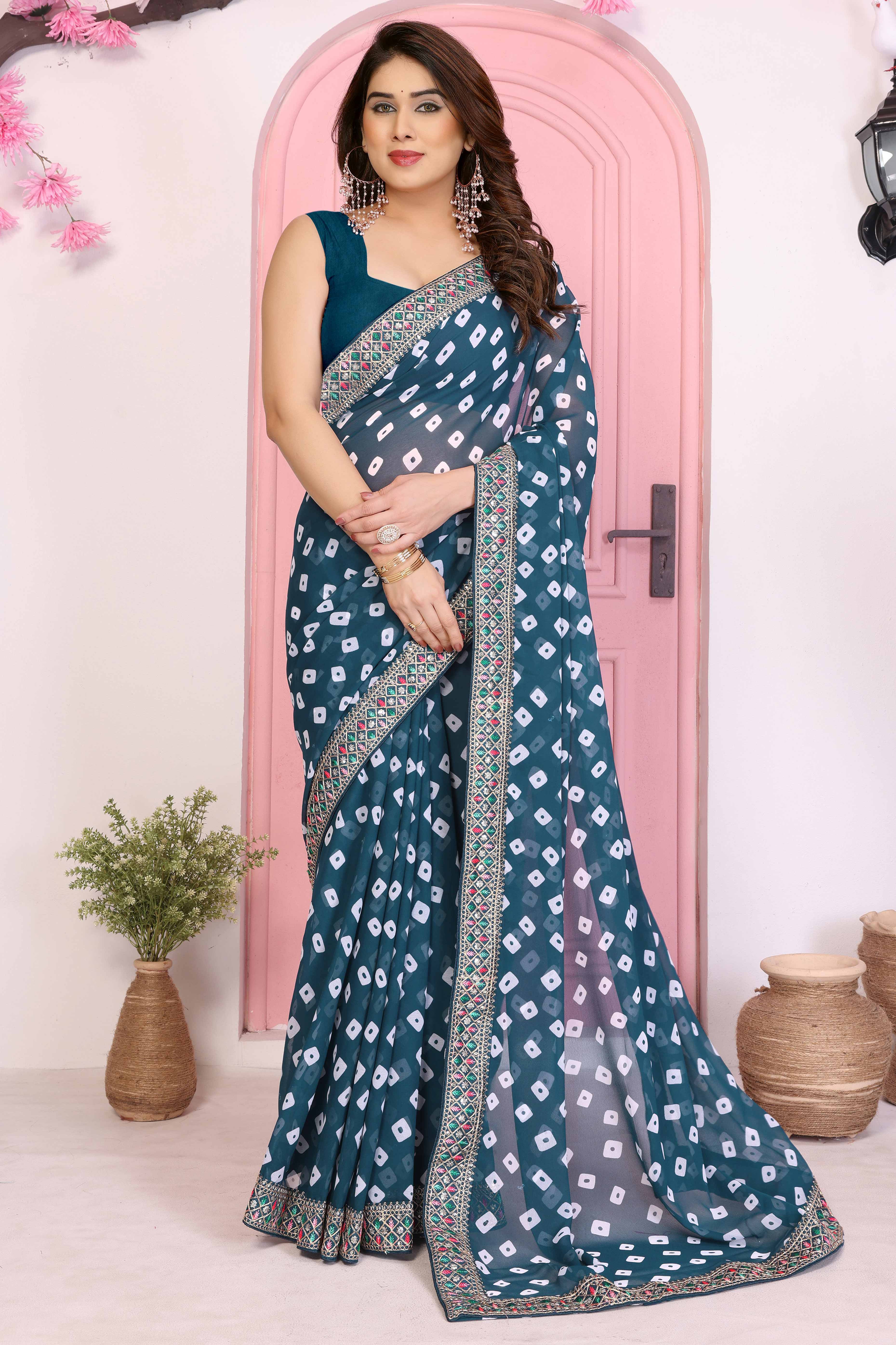 Teal Georgette Saree With Bandhani Print & Exquisite Cording Embroidery Border