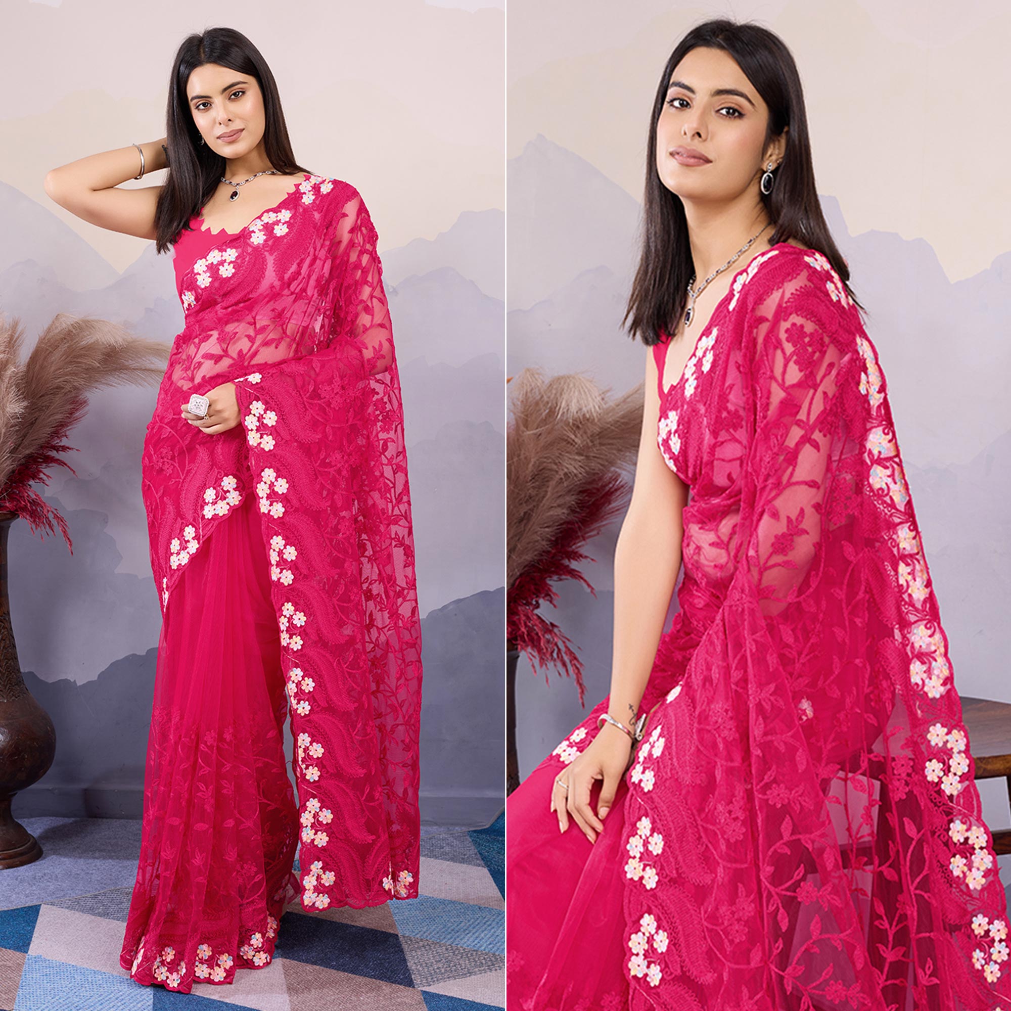 Pink Floral Thread Embroidered Net Saree