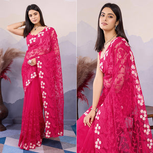 Pink Floral Thread Embroidered Net Saree