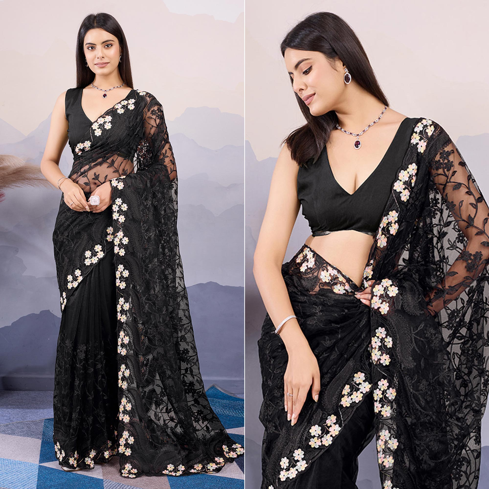 Black Floral Thread Embroidered Net Saree