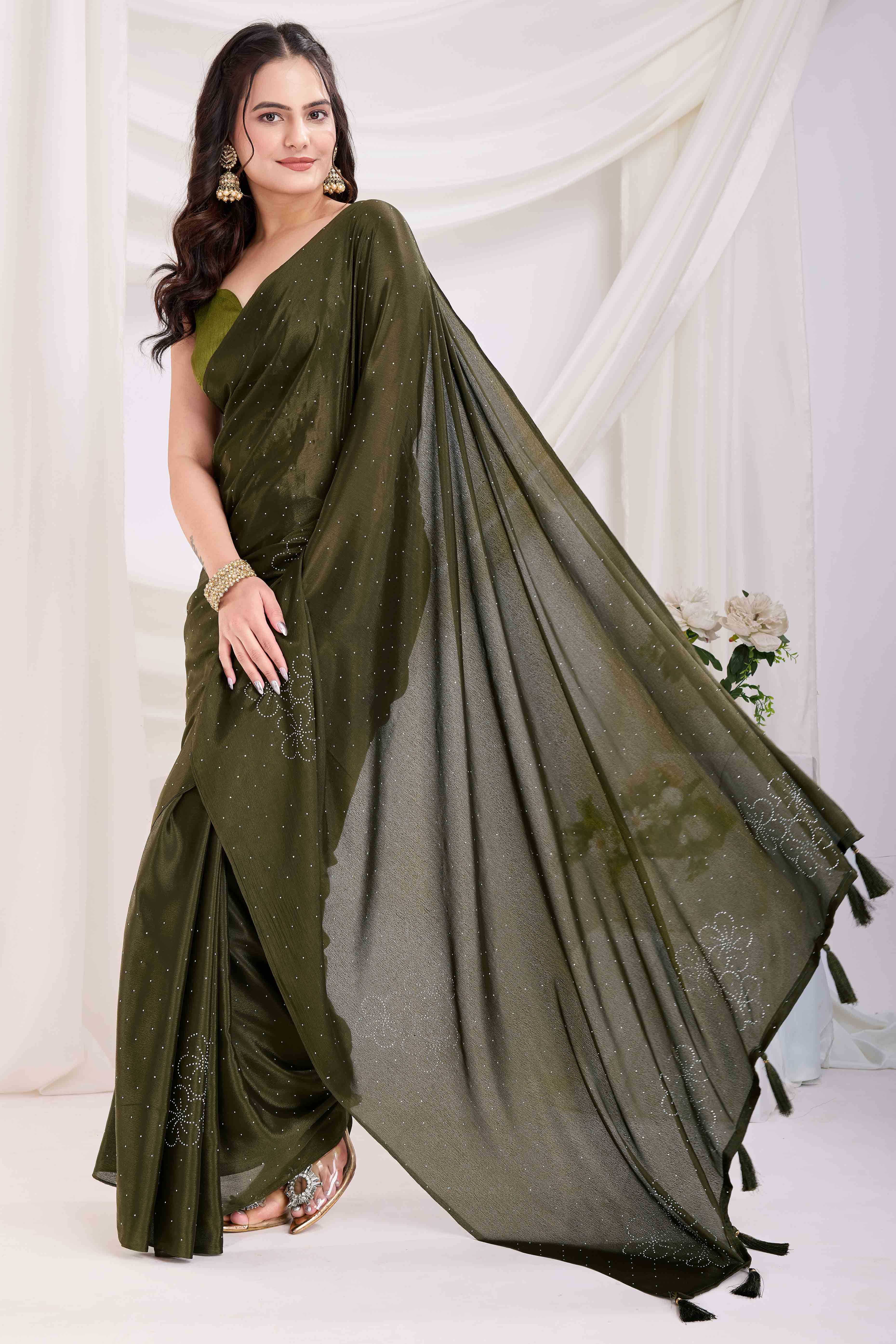 Mehendi Green Floral Swarovski Work Rangoli Art Silk Ready To Wear Saree