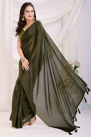 Mehendi Green Floral Swarovski Work Rangoli Art Silk Ready To Wear Saree