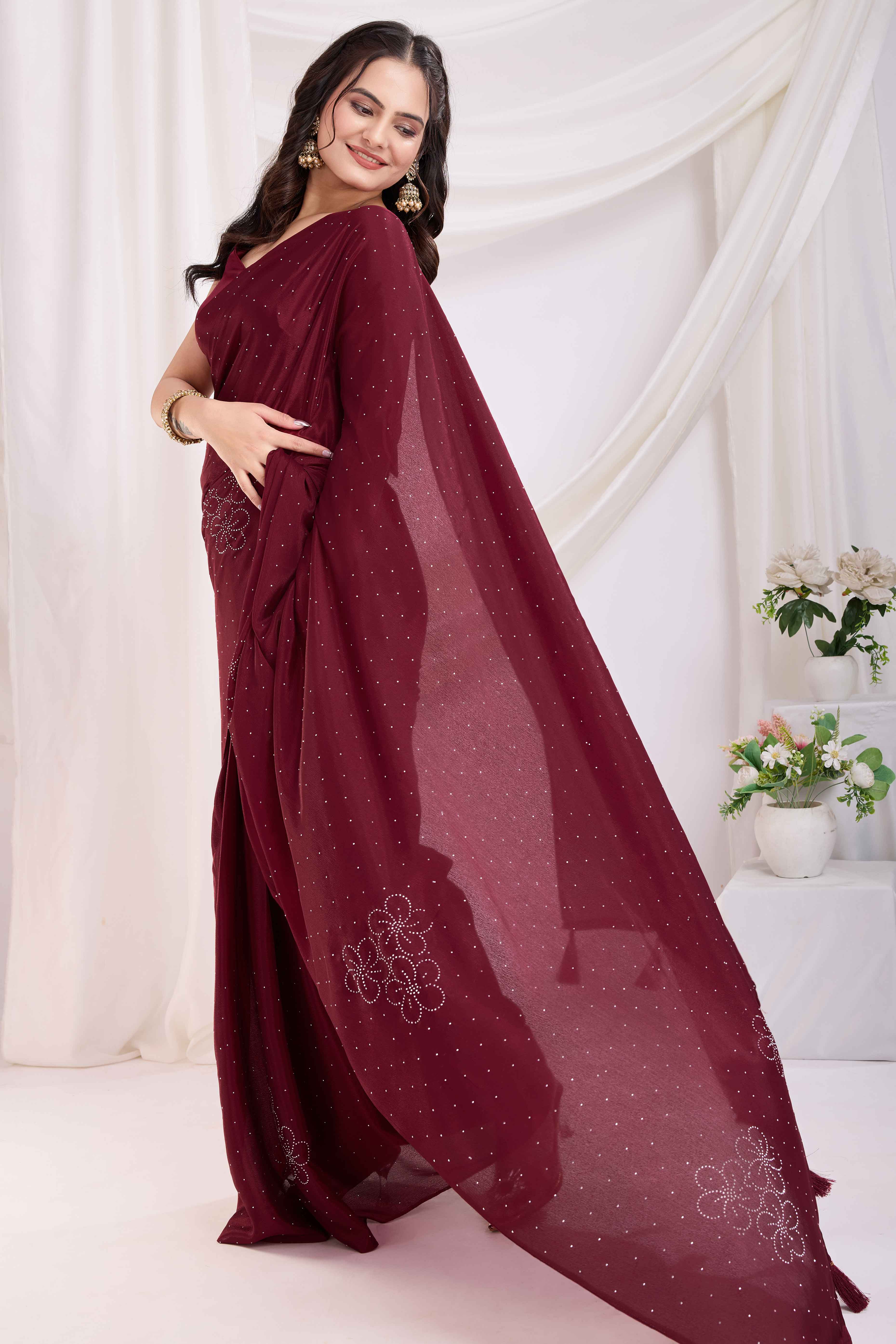 Maroon Floral Swarovski Work Rangoli Art Silk Ready To Wear Saree