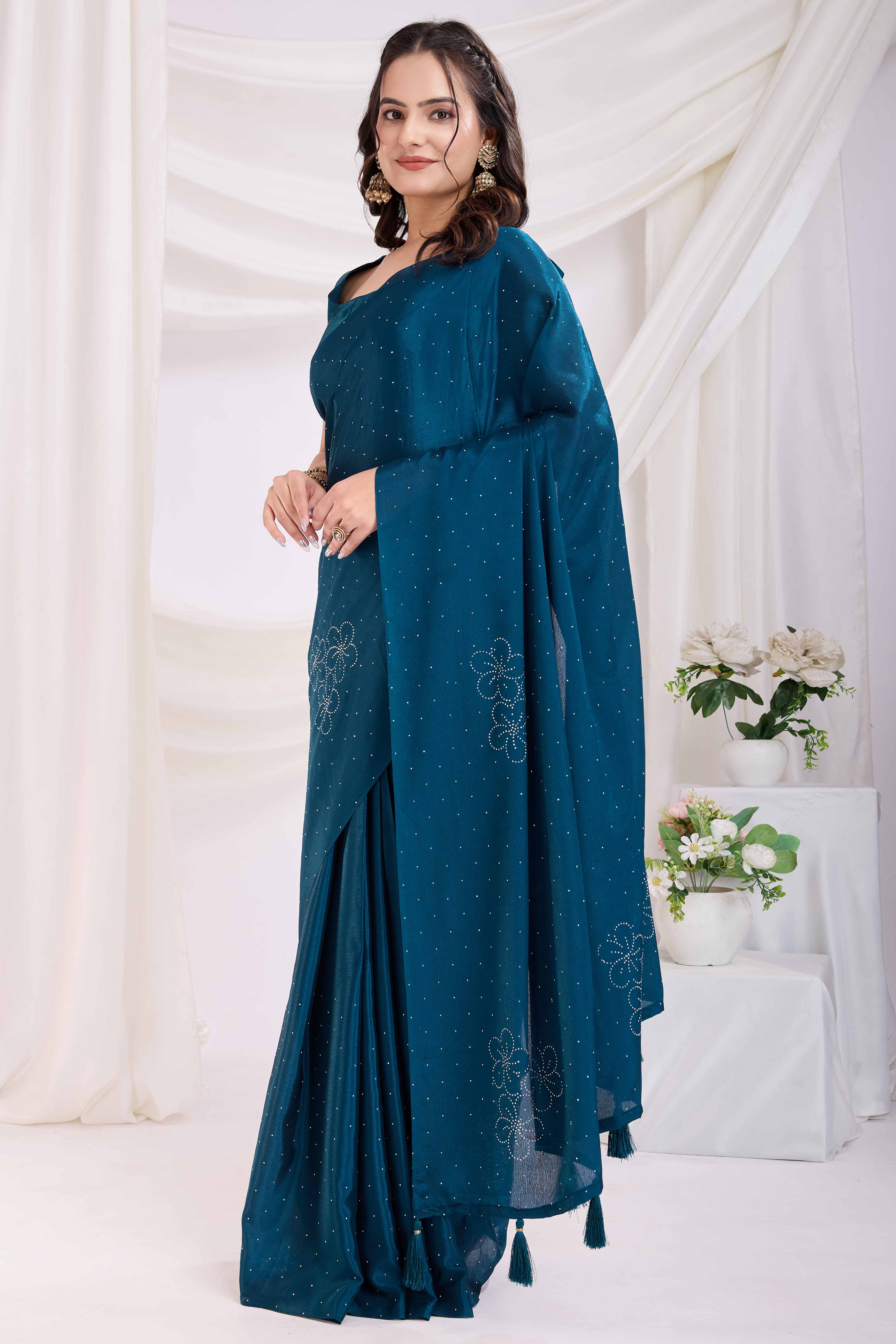 Blue Floral Swarovski Work Rangoli Art Silk Ready To Wear Saree