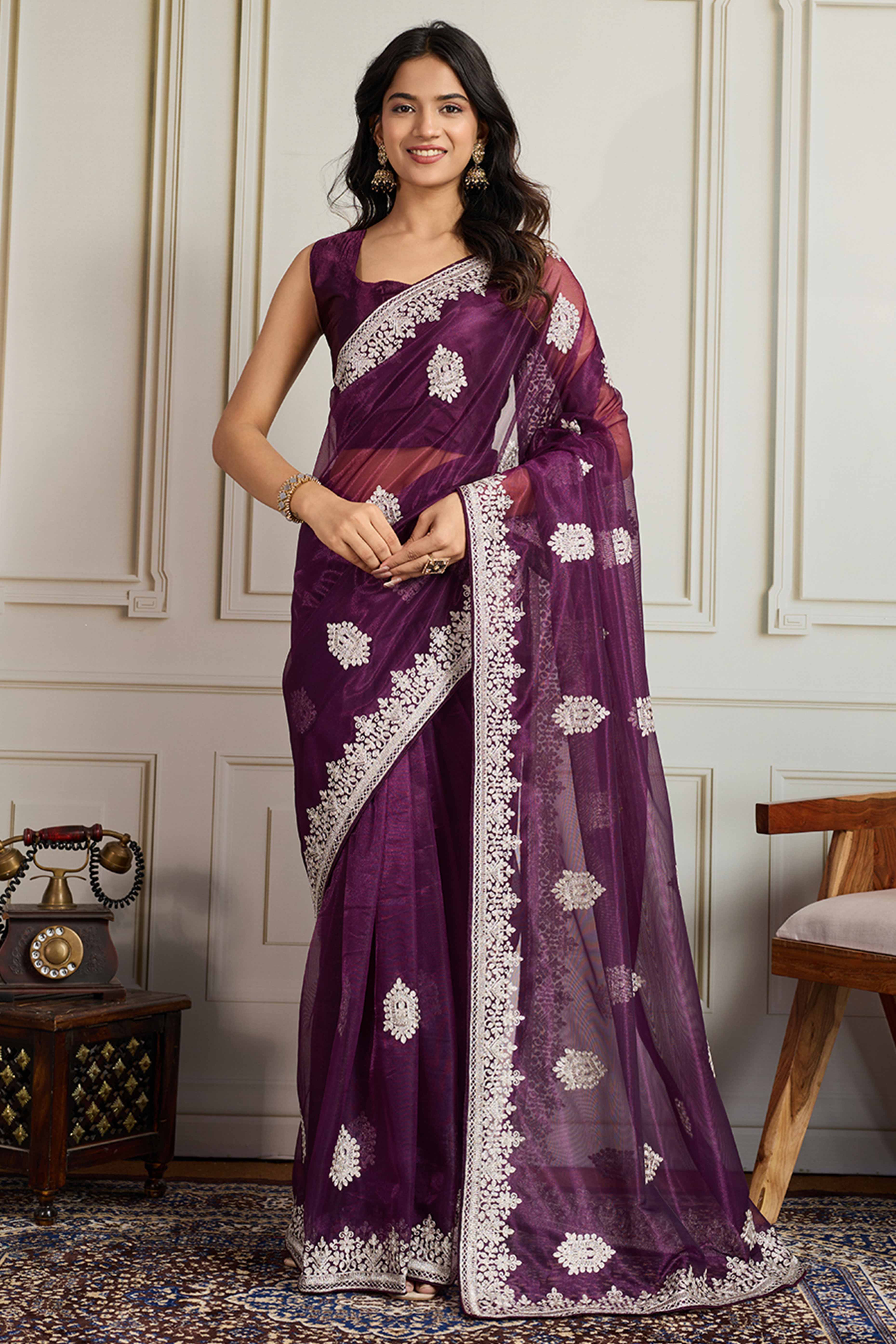 Stylish Purple Twill Net Saree Crafted With Floral Cording & Sequins Embroidery Work