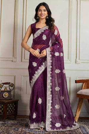 Stylish Purple Twill Net Saree Crafted With Floral Cording & Sequins Embroidery Work
