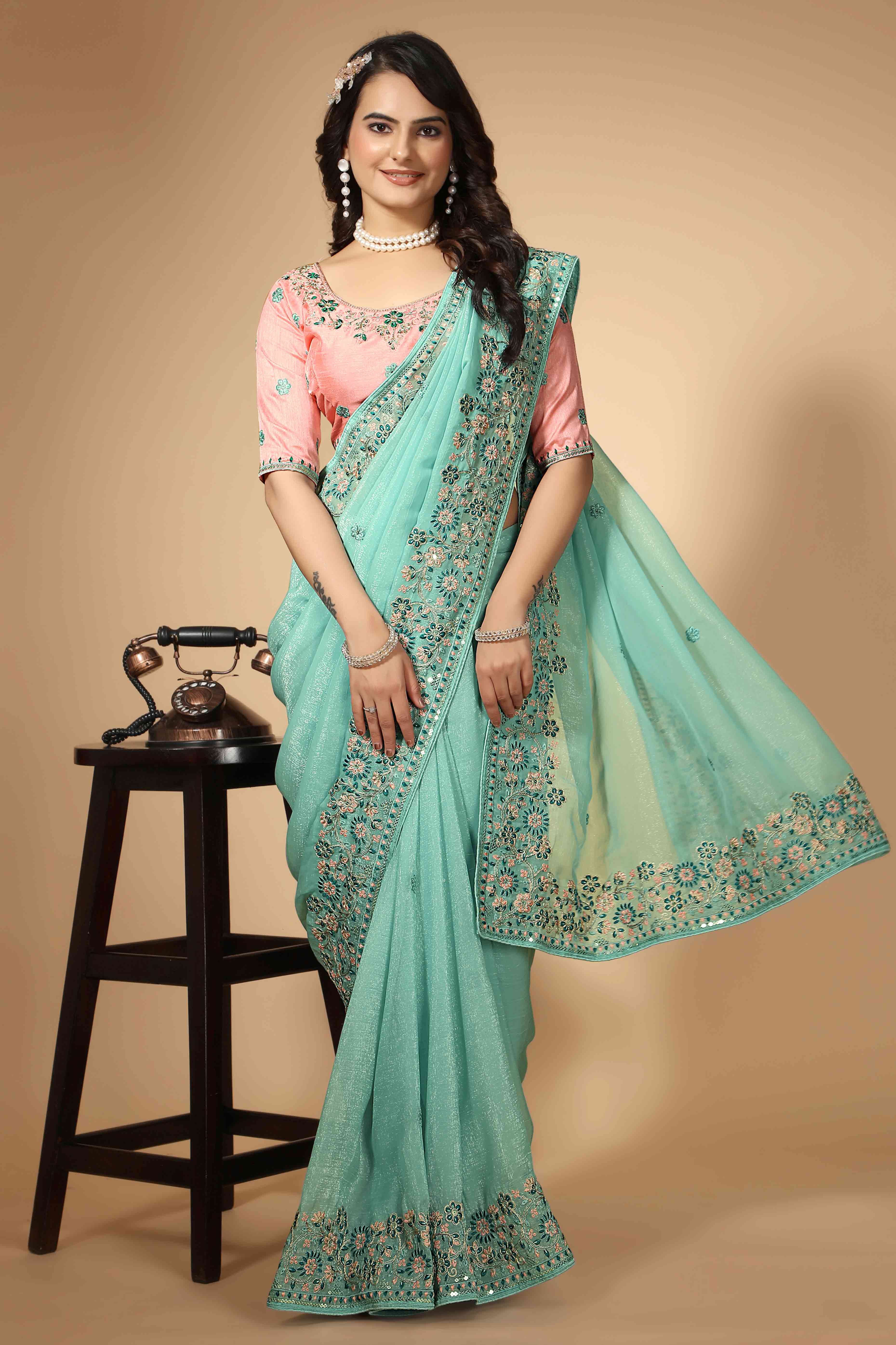 Turquoise Floral Sequins Embroidered Organza Silk Saree