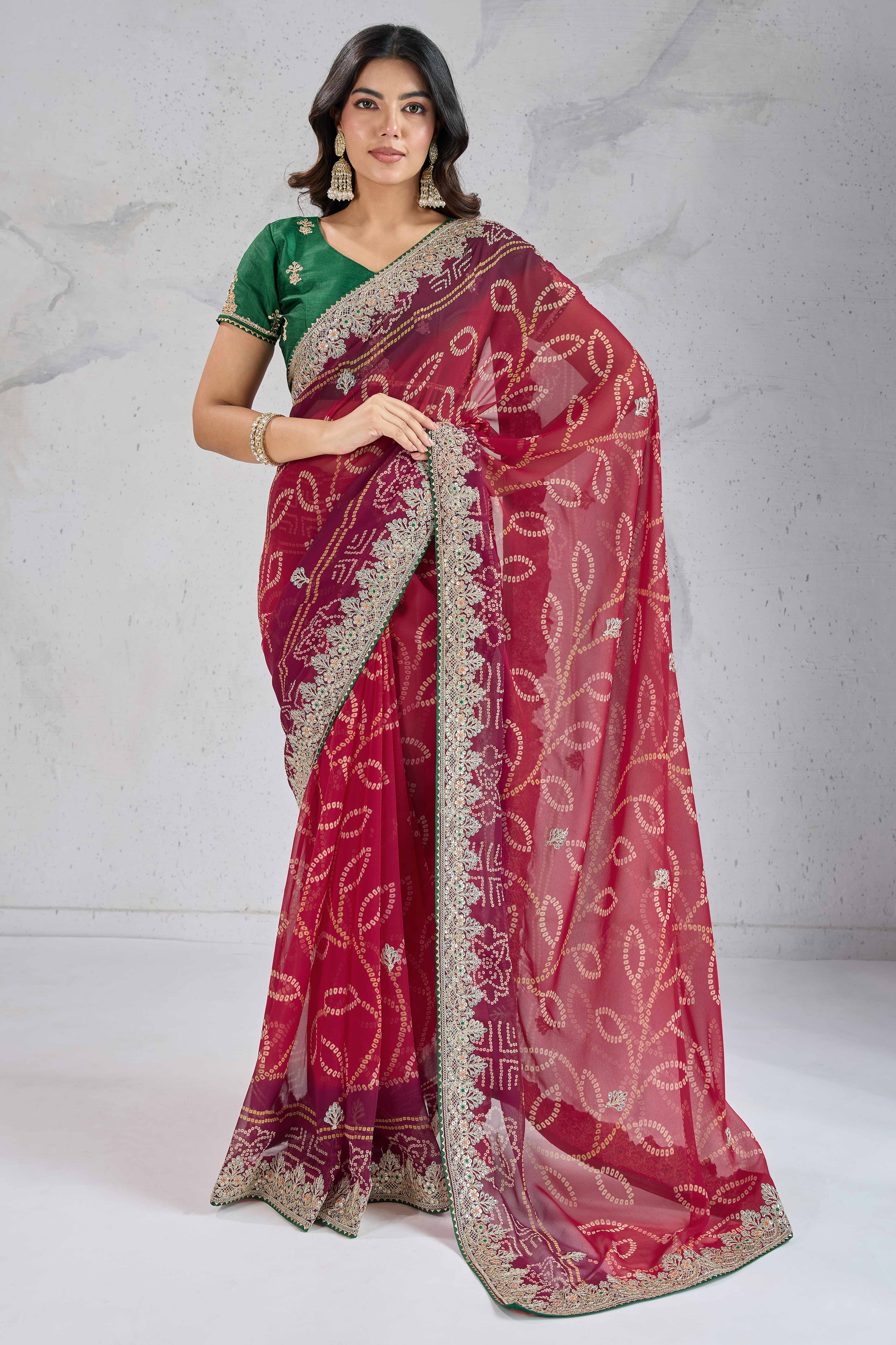 Traditional Bandhani Pink Georgette Saree with Fine Embroidery