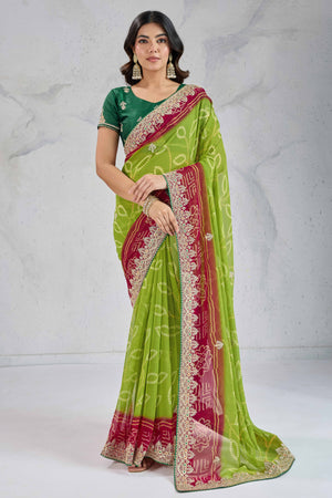 Traditional Bandhani Green Georgette Saree with Fine Embroidery