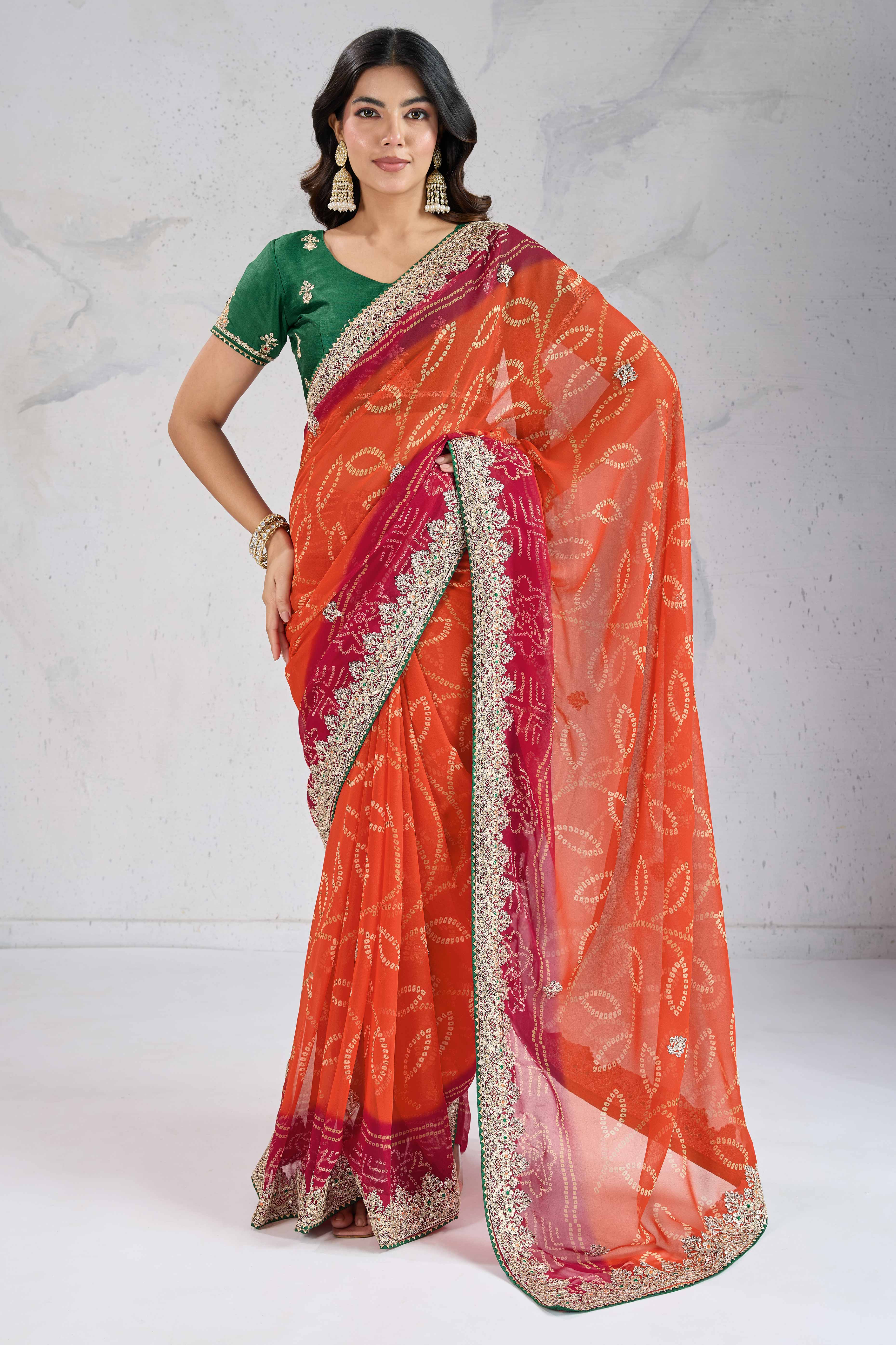 Traditional Bandhani Orange Georgette Saree with Fine Embroidery