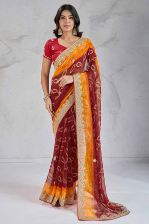 Traditional Bandhani Maroon Georgette Saree with Fine Embroidery
